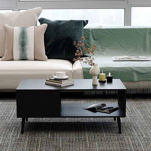 Miniatura 2 de Yusong Mesa de centro moderna de madera para sala de estar, mesas centrales retro de mediados de siglo, mesa de cóctel con estante de almacenamiento