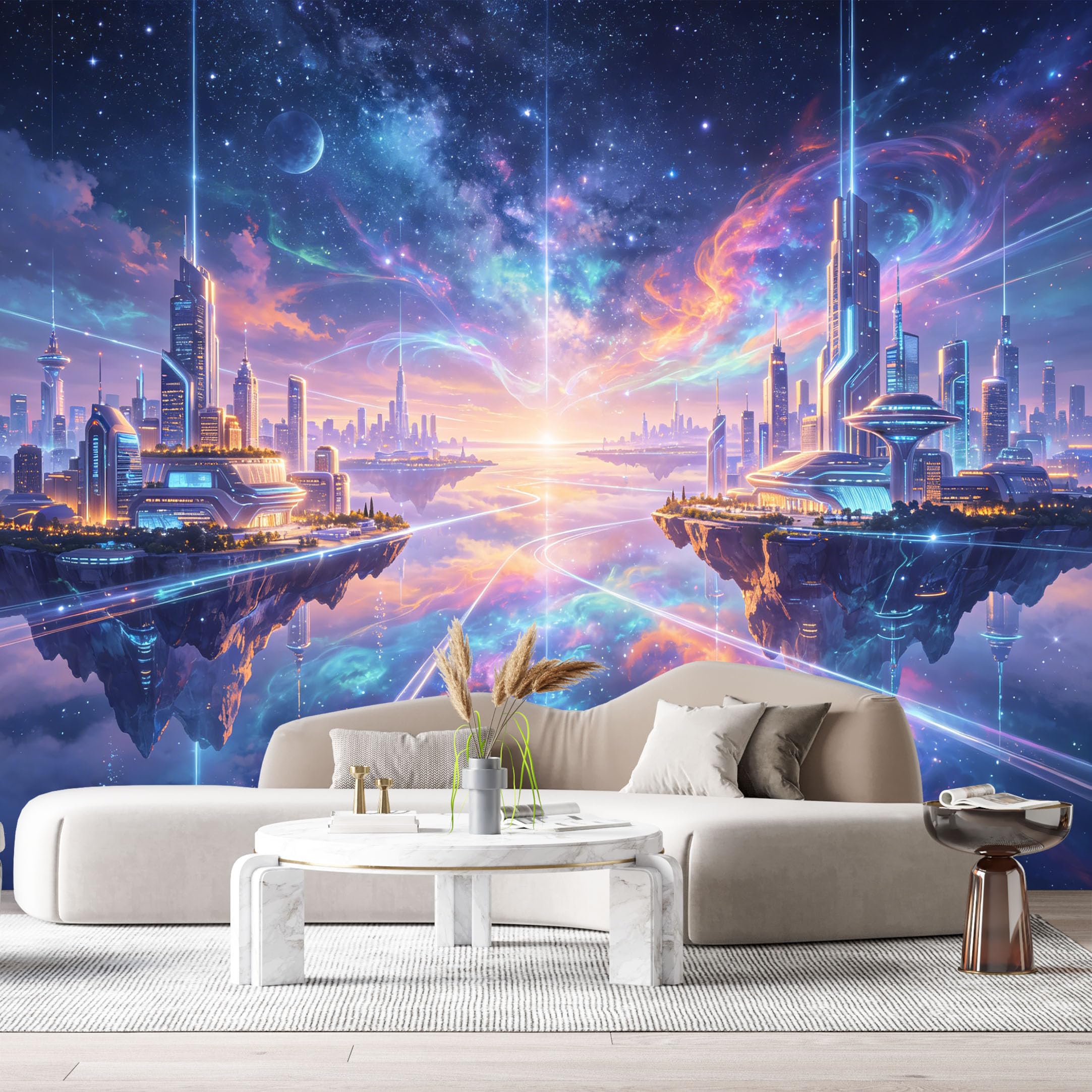 Custom Size Wall Murals Futuristic Nebula Galaxy Floating Cityscape Modern Contemporary 3D SelfAdhesive Wall Fabric Removable Large Wallpaper for Photo Living Room