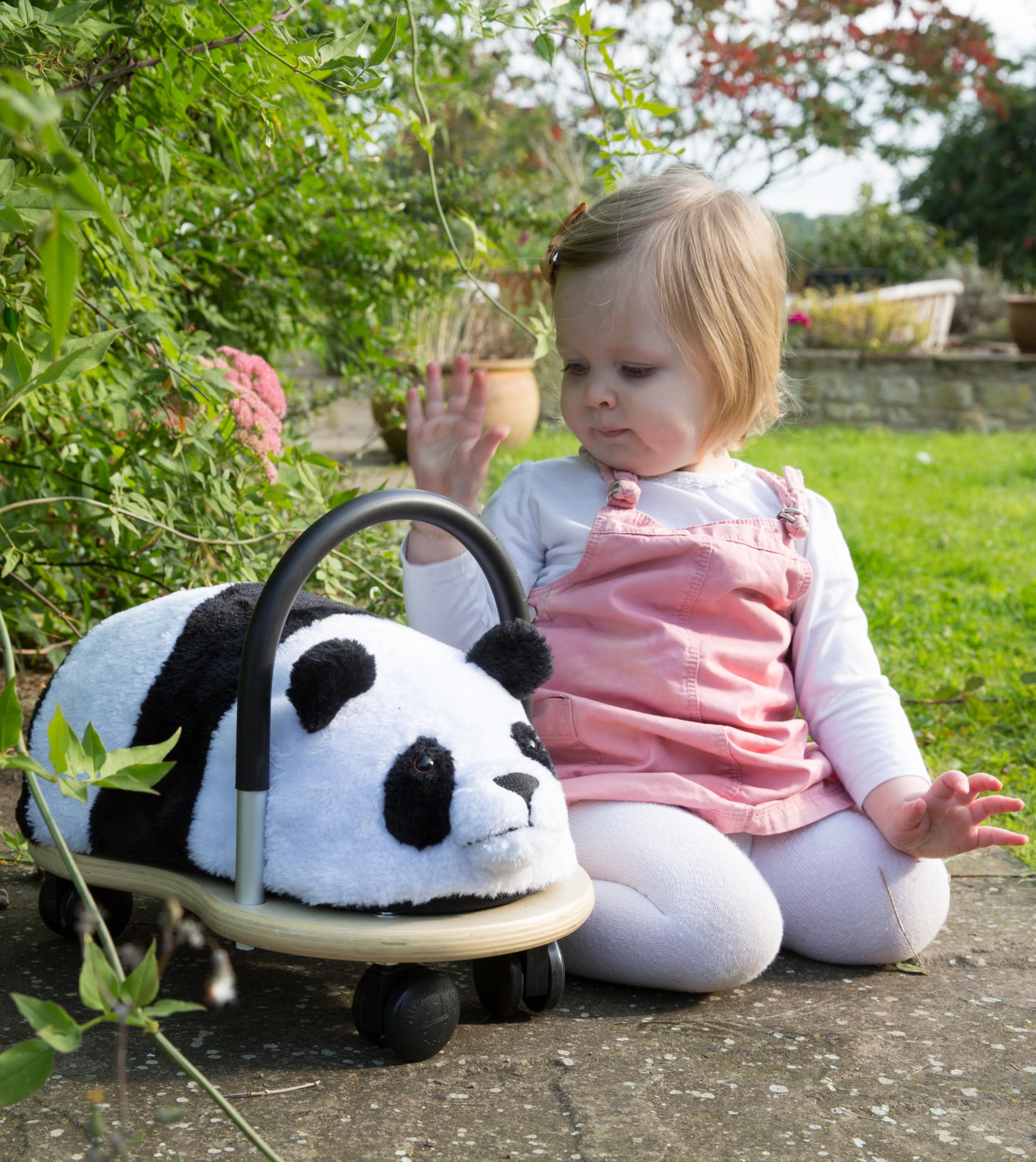 Wheelybug Drewniane zwierzątko do jazdy z wymienną pluszową osłoną, certyfikowana zabawka rozwojowa z certyfikatem bezpieczeństwa, mała (1-3 lata), pluszowa panda