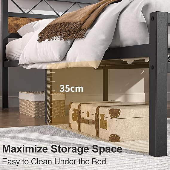 VECELO Single Bed Frame Set of 2 with Rustic Vintage Wooden Headboard, Heavy Duty Metal Slats Support, Platform Mattress Base No Box Spring Needed, No Noise, Easy Assembly