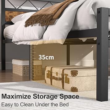 VECELO Single Bed Frame Set of 2 with Rustic Vintage Wooden Headboard, Heavy Duty Metal Slats Support, Platform Mattress Base No Box Spring Needed, No Noise, Easy Assembly