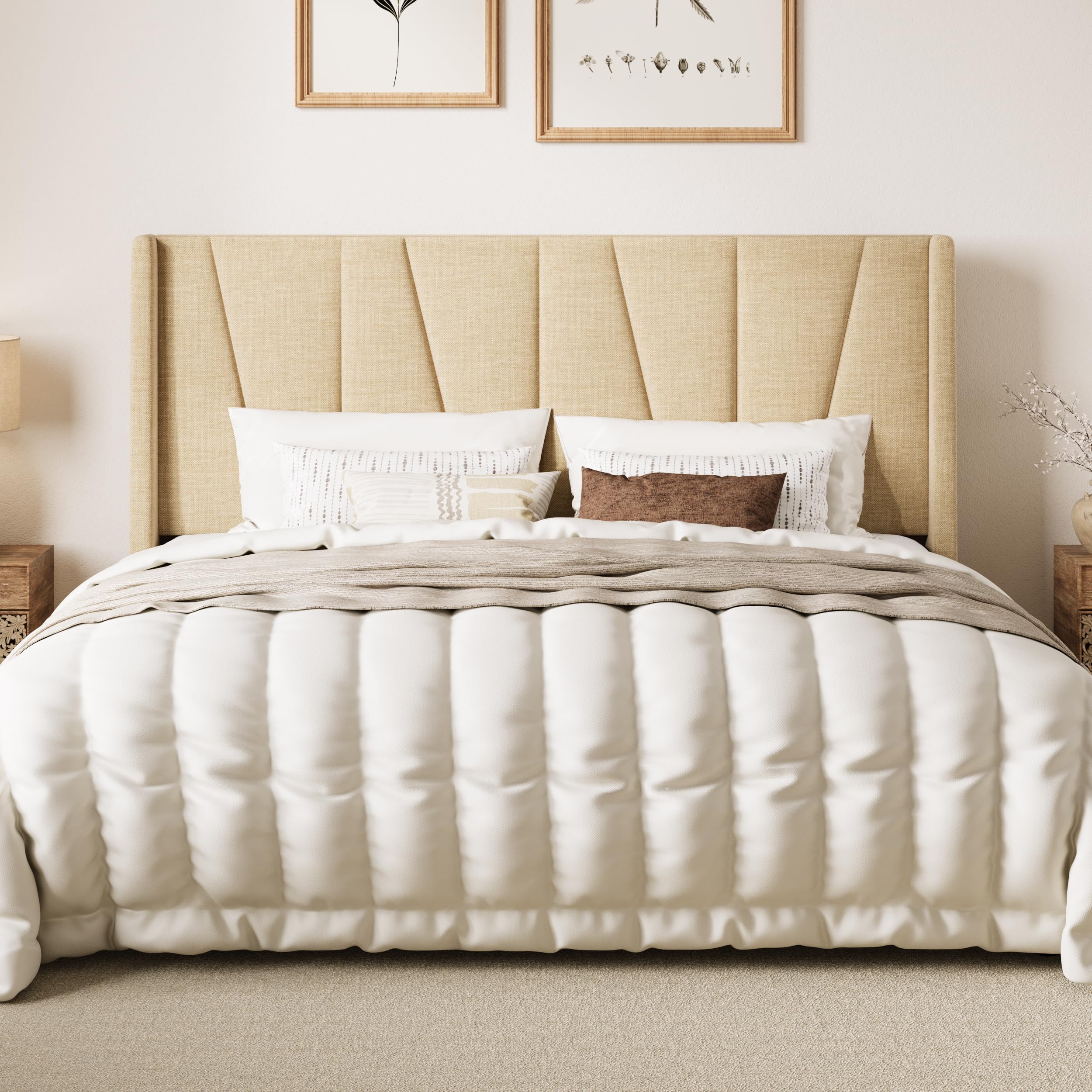 SHA CERLIN King Size Bed Frame with Geometric Wingback Headboard Upholstered Platform Bed with 8 Under-Bed Space No