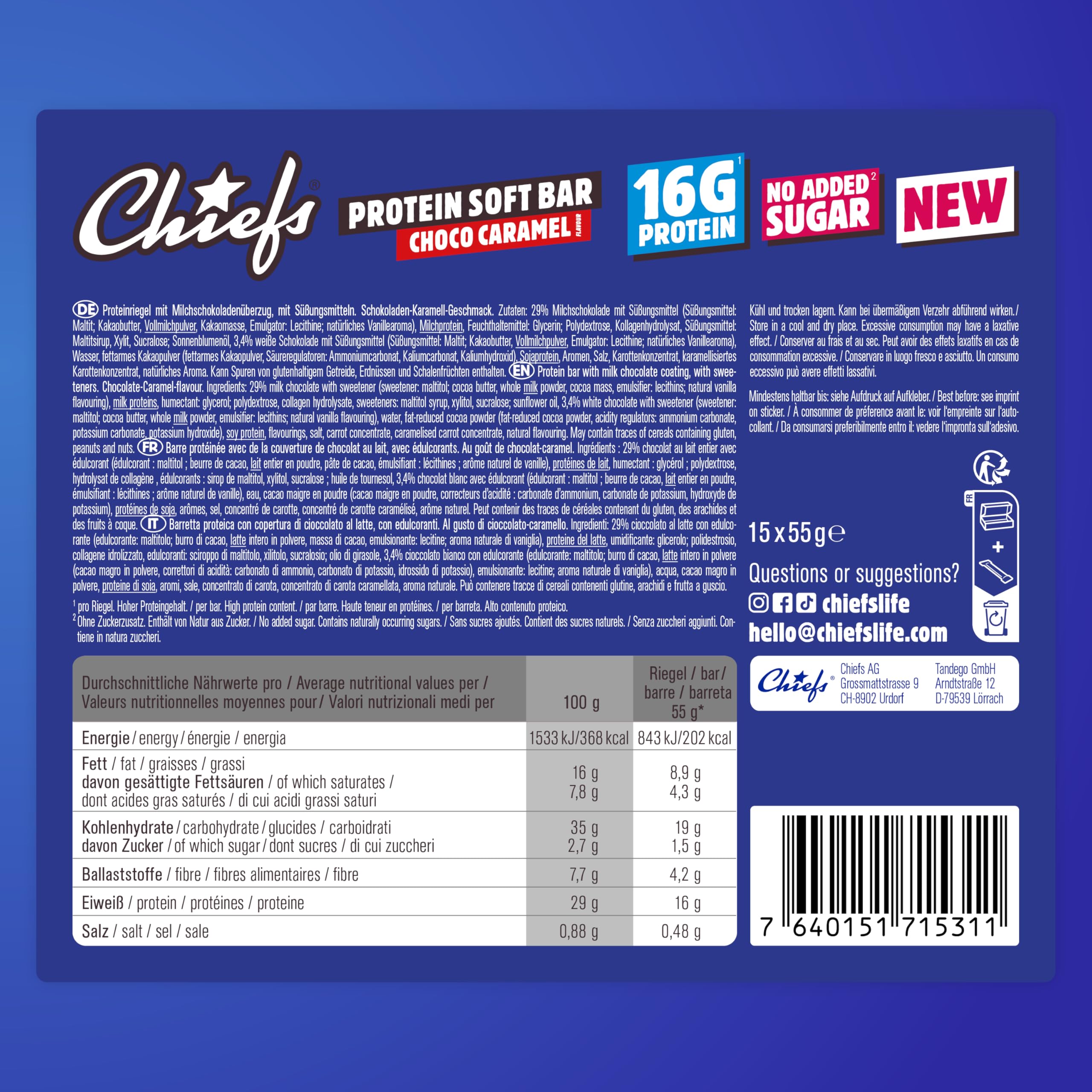 CHIEFS Barre Protéinée Soft - 16g Haute Protéine, Sans Sucre Ajouté, Sans Huile de Palme, Soft Bar Choco Caramel - 15 x 55g