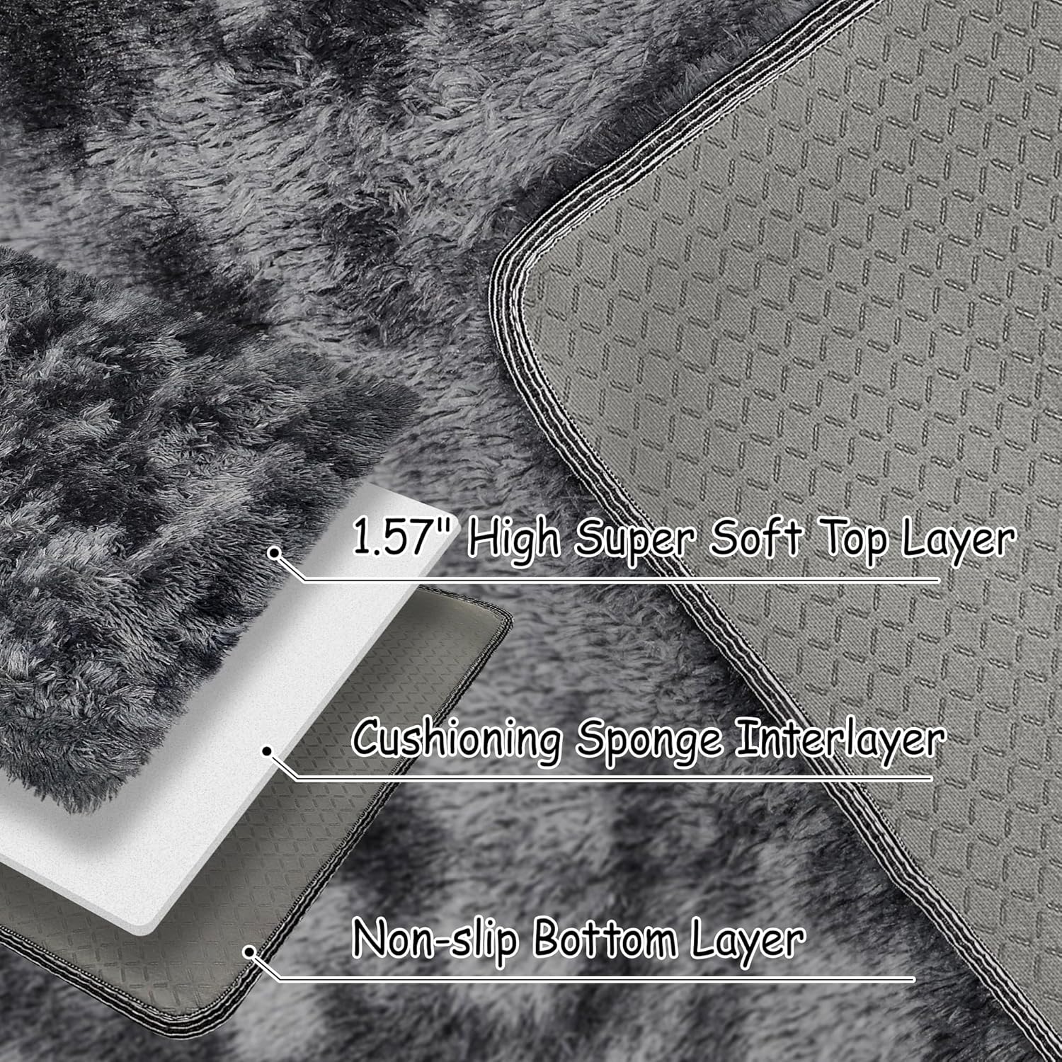 Tie-Dyed Runner Rug for Bedroom Black Grey 2x6ft Fluffy Area Rug Bedside Runner Rug for Kids Room Boys Teens Nursery Baby Living Room Dorm Home Decor Carpets - Image 3