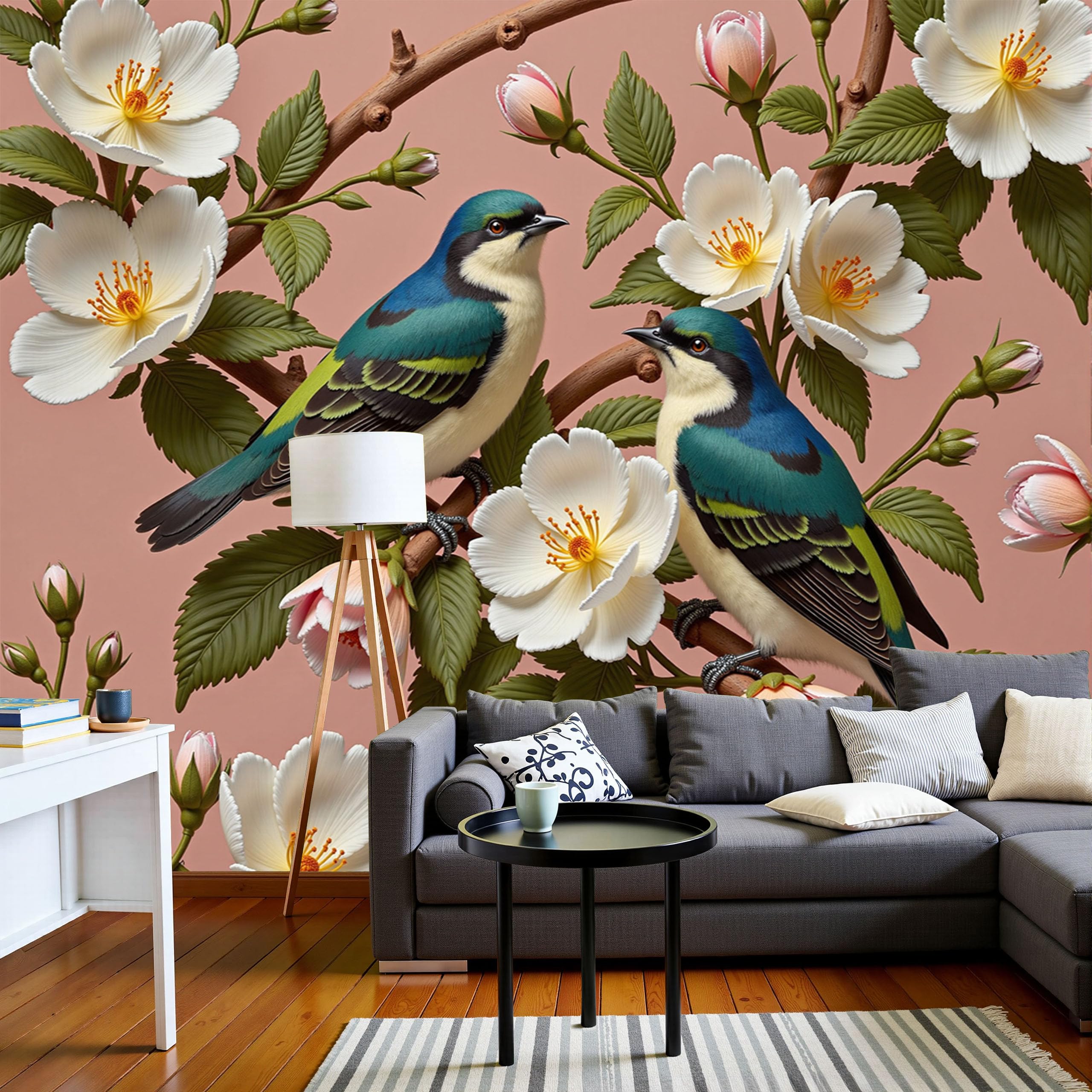 Papier peint panoramique oiseau et fleur rose 450x315 cm