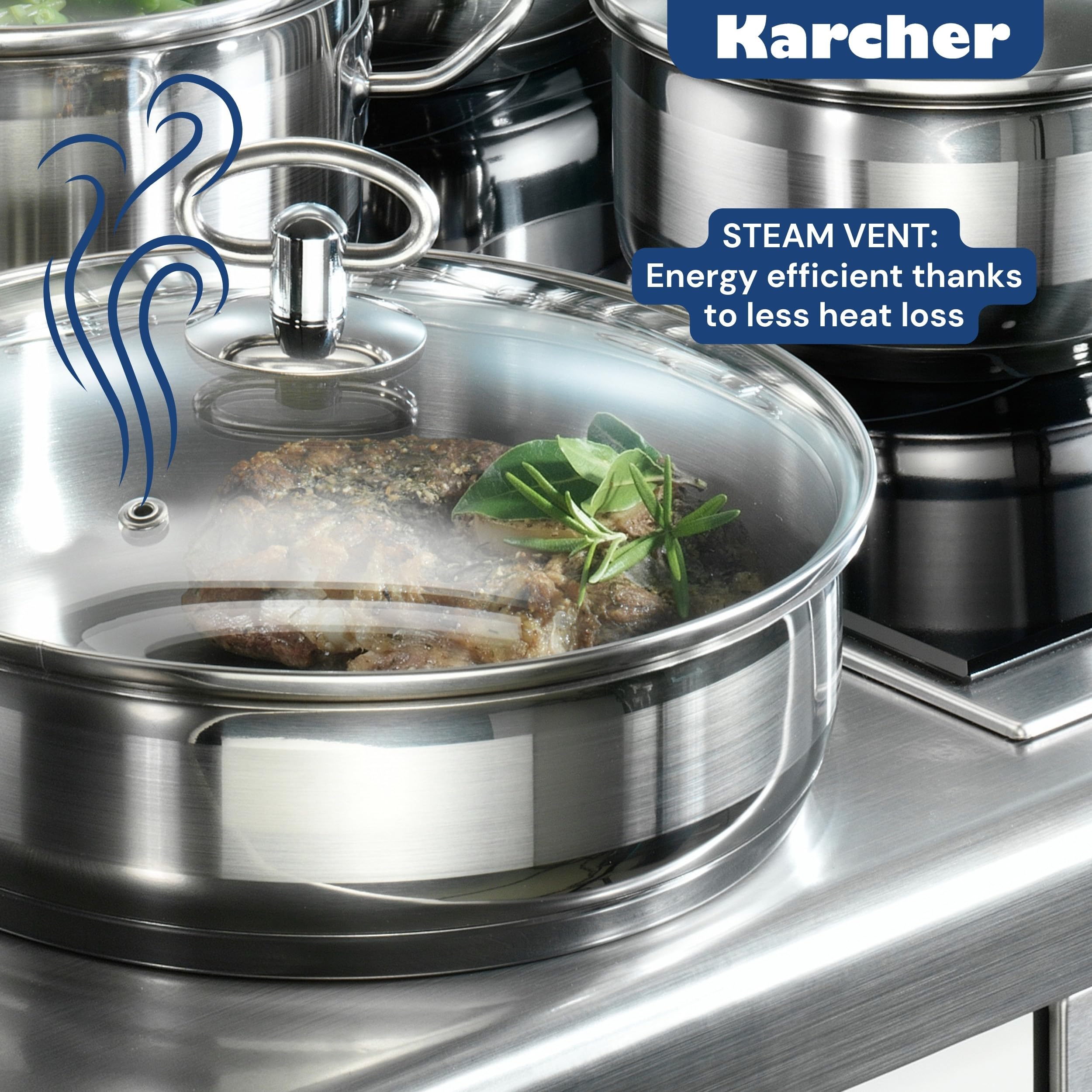 Karcher Set Pentole in Acciaio Inox 20 Pezzi con Coperchi | Batteria di Pentole Completa per Cucina, Induzione, Gas ed Elettrico | Casseruole, Padelle e Saladiere per Casa e Famiglia