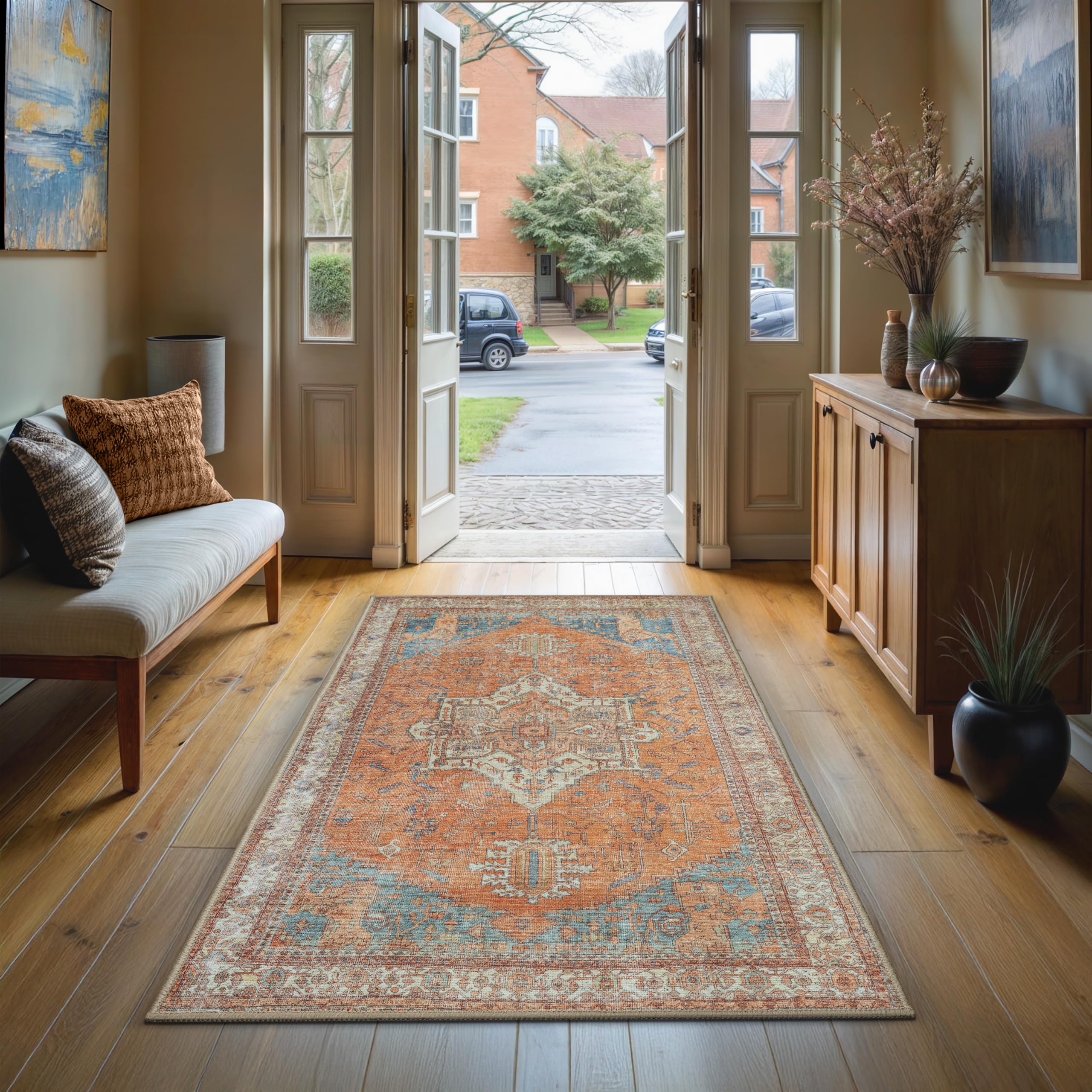GLN Rugs Traditional Collection - Machine Washable Area Rug, Traditional Washable, Non Slip, Low Pile Chenille Rug, Living Room, Bedroom, Kitchen Rug