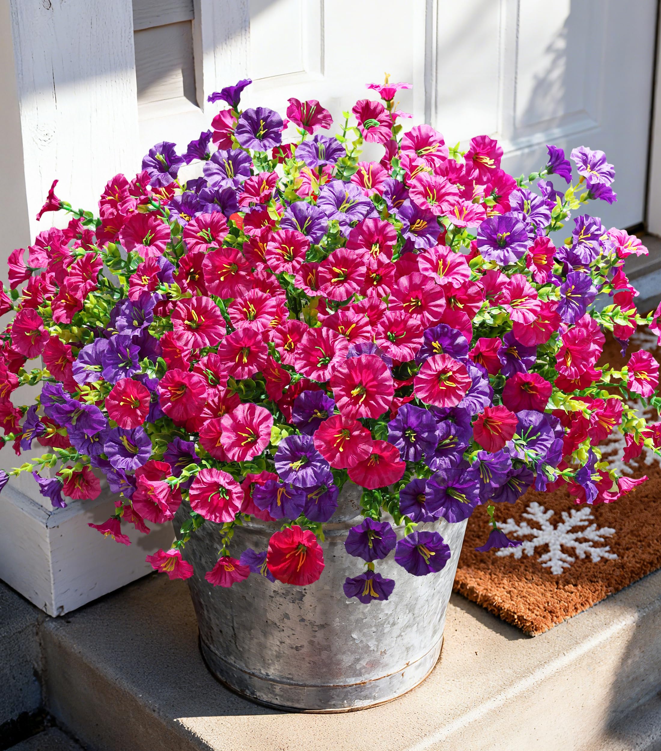 Artificial Flowers Fake Plants for Outdoors Decoration, 12 Bundles Silk Morning Glory with Eucalyptus Realistic UV Resistant Faux Flowers for Outside Planter Porch Yard Patio Garden Home Indoor, Mix