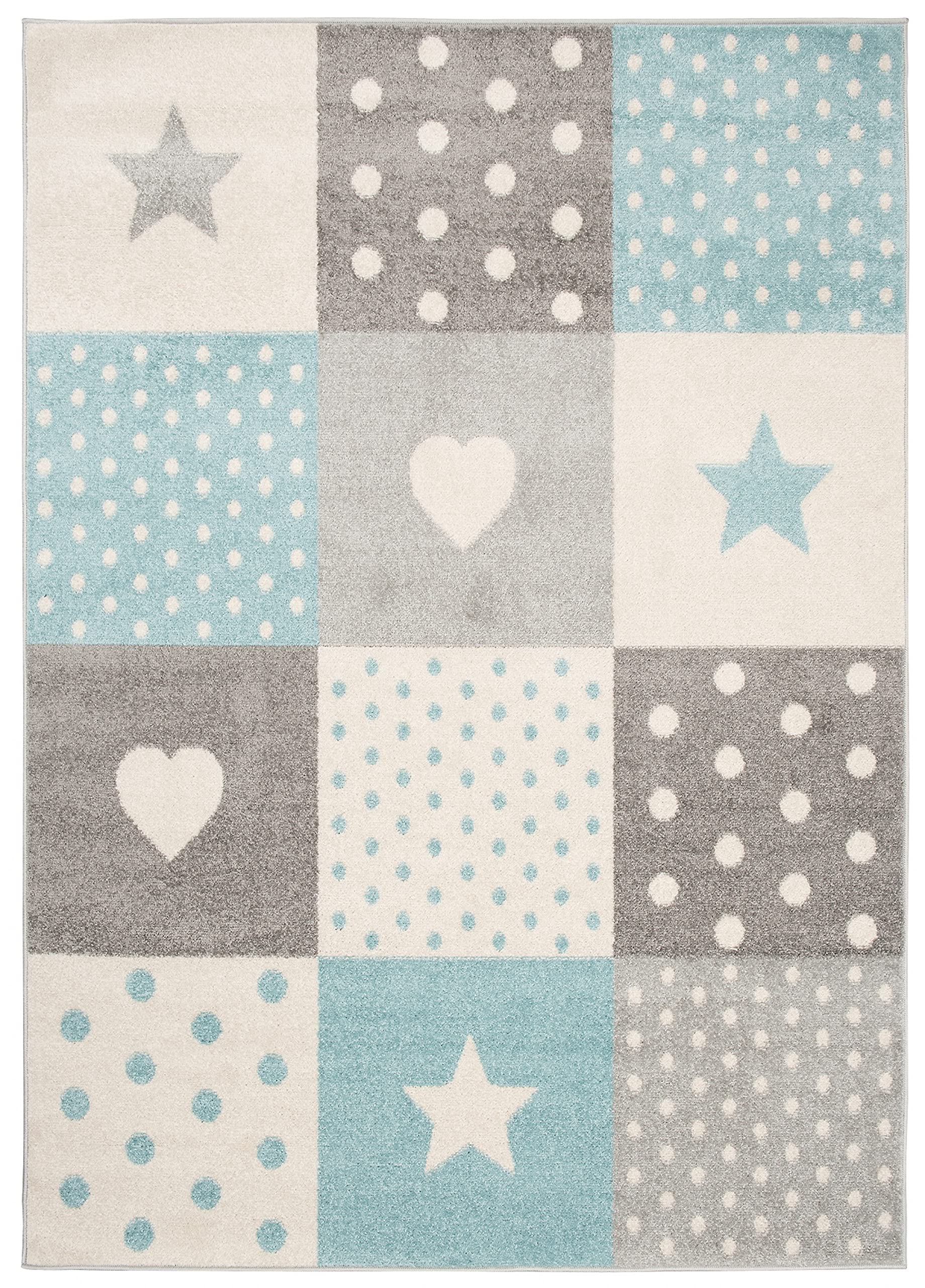 TAPISO Lazur Kinderteppich Kurzflor Sterne Grau Blau Herz 80 x 150 cm