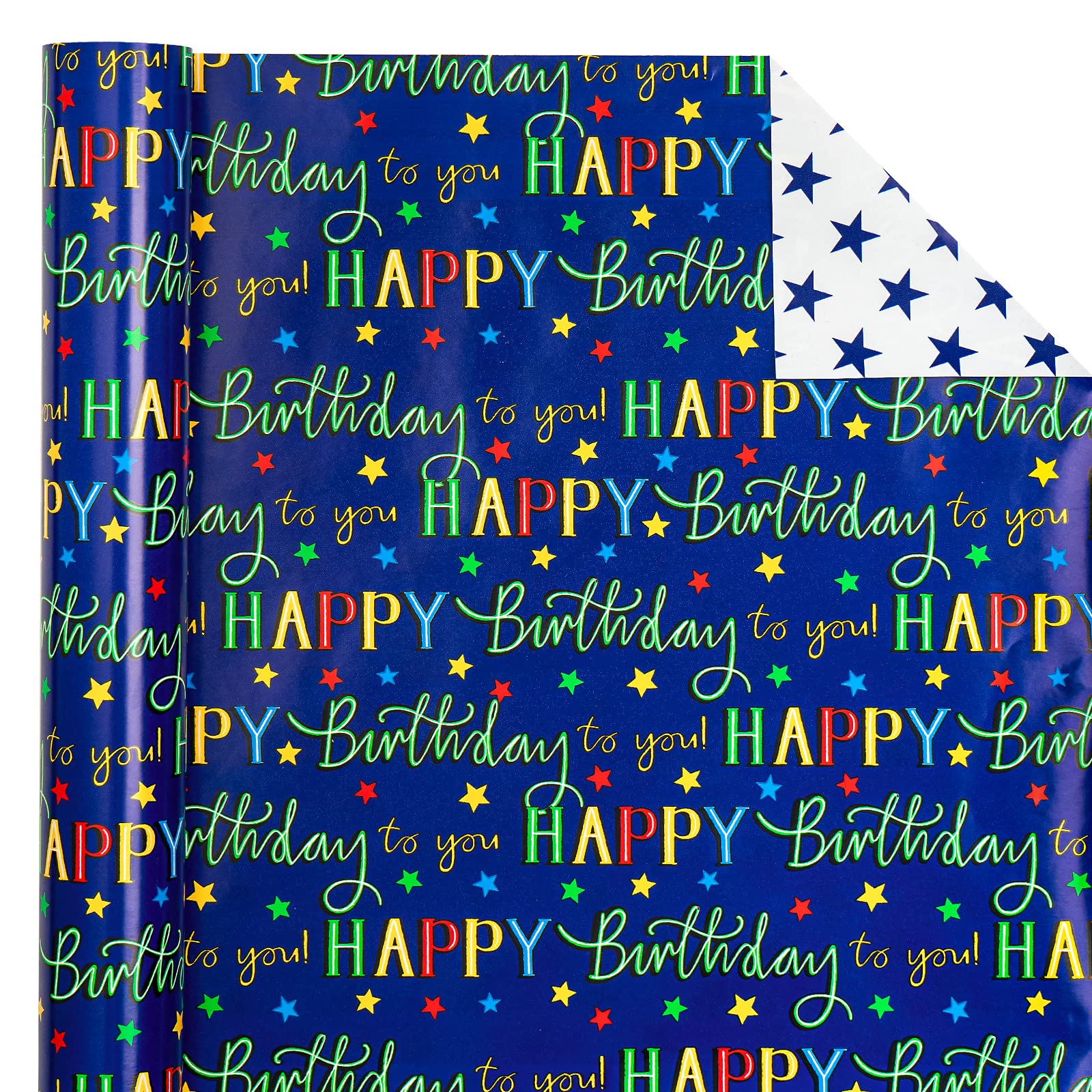 WRAPAHOLIC Dwustronny papier do pakowania urodzinowego Jumbo – 80 cm x 90 cm – kolorowy napis Happy Birthday i wzór gwiazd na przyjęcie urodzinowe, baby shower, wakacje