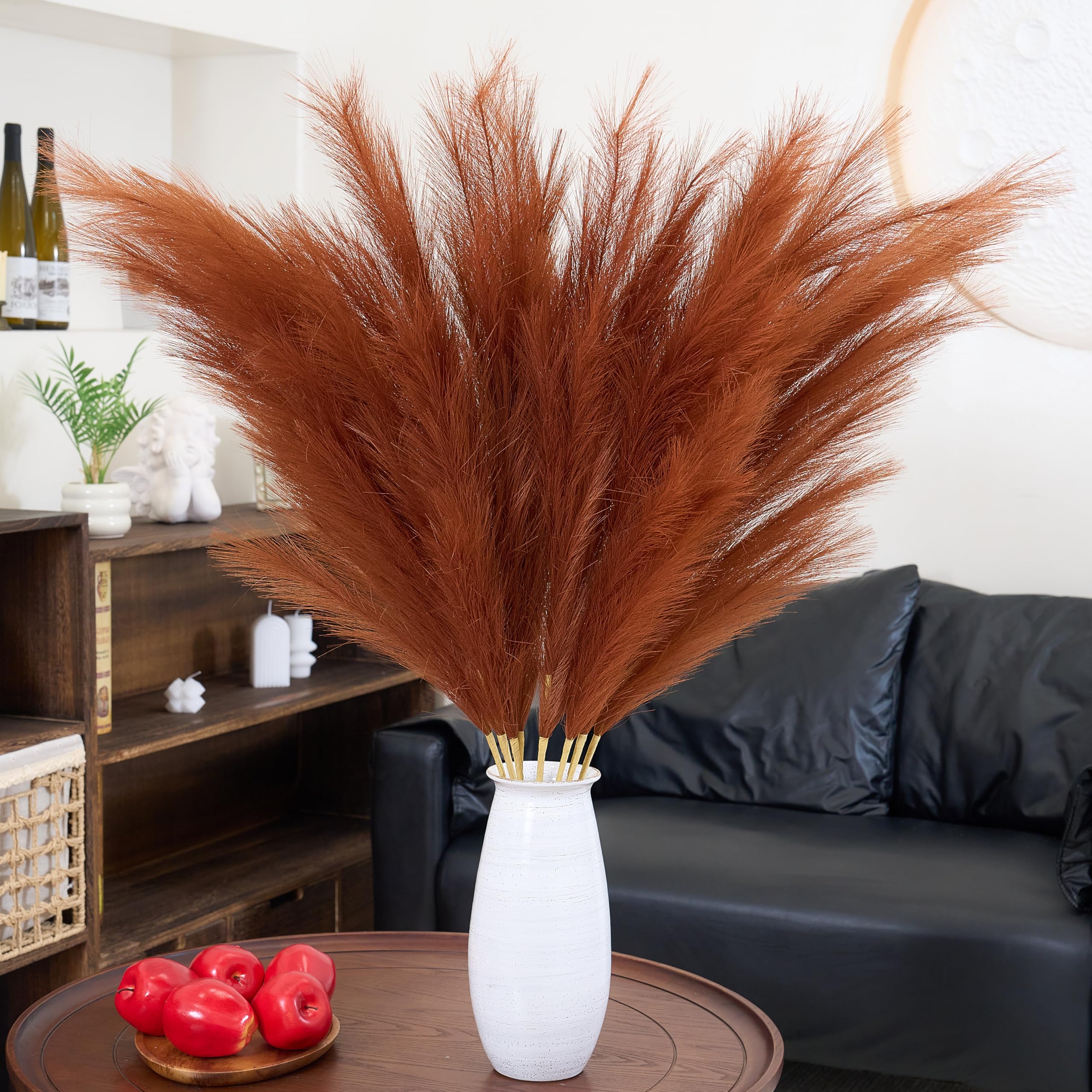 Erba della pampa in finto caramello marrone, decorazione alta, 8 pezzi, 110 cm, grandi pompon floreali, soffici fiori artificiali con piume lunghe, per matrimoni, camera da letto e soggiorno