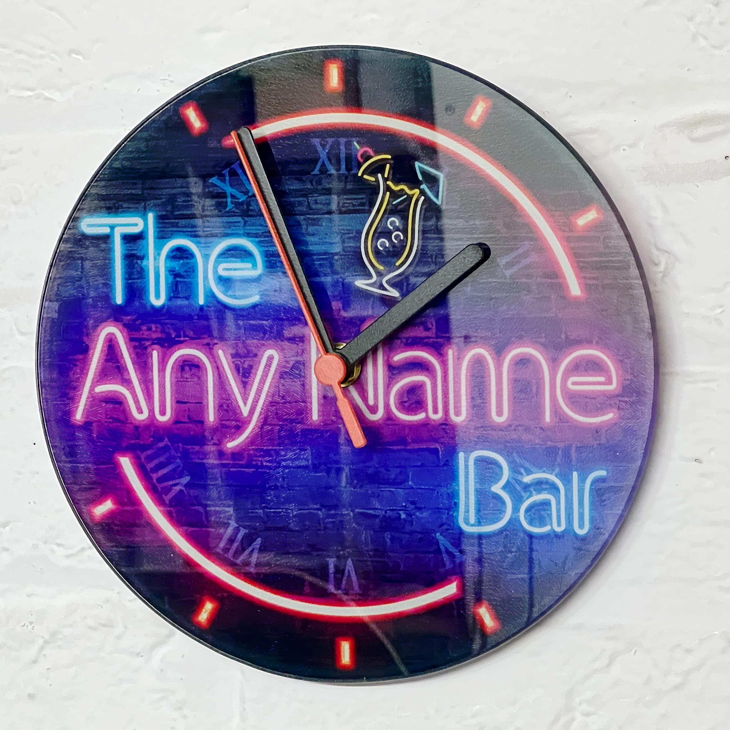 ShopQuality4U Personalised Neon Effect Round Glass Clock 30cm (11.8") Home Bar - With Clip arts