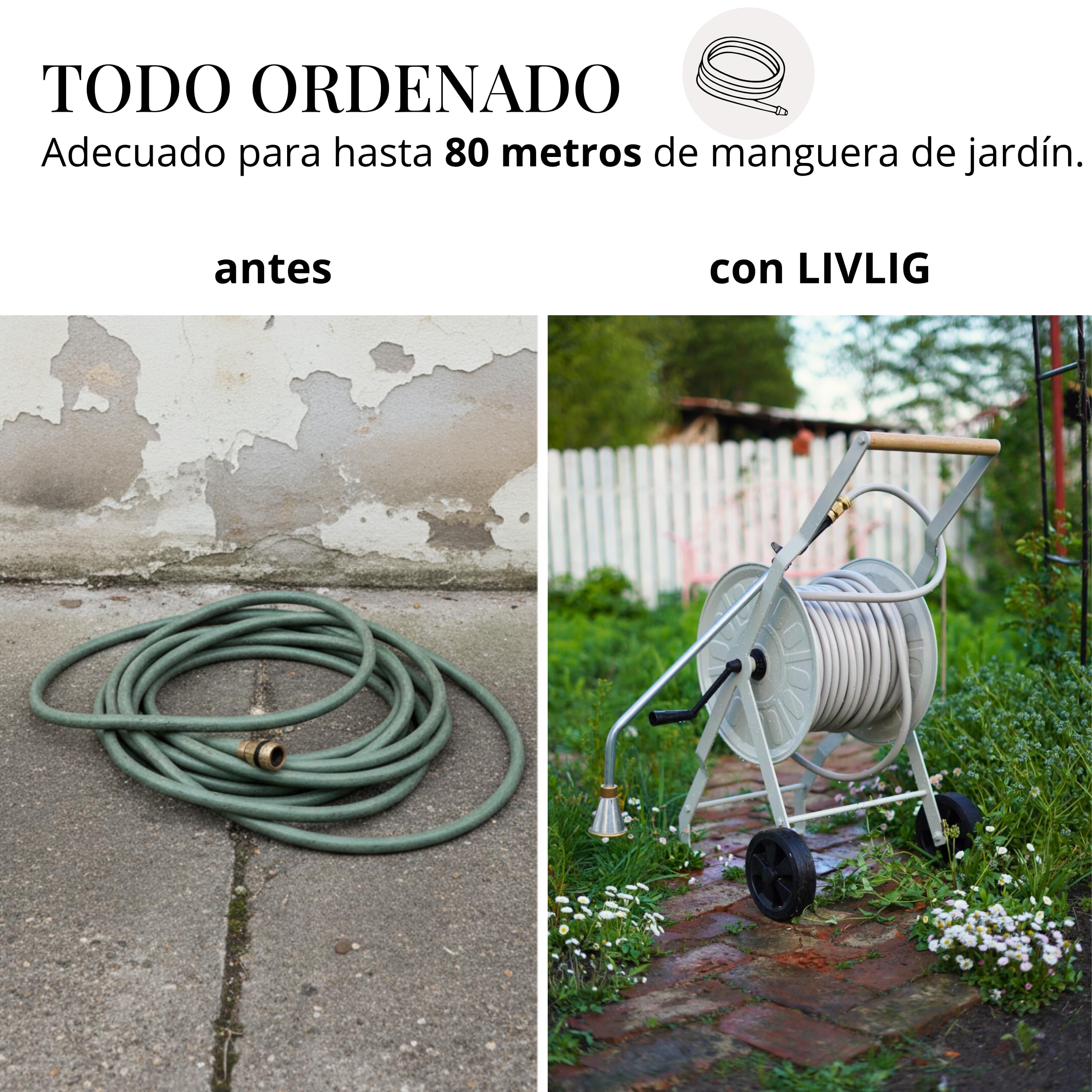 LIVLIG Carro para mangueras de Metal, Carro para mangueras de jardín de Primera Calidad, Carro para mangueras de hasta 50 m de Manguera de jardín, Fabricado en Europa, Color: Greige