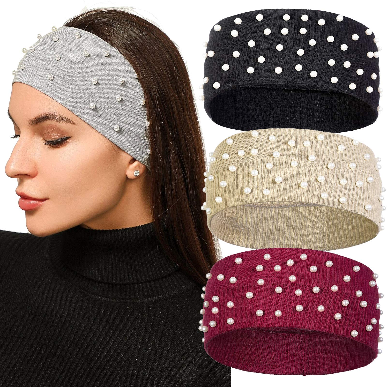 Knitted Headband Winter Ear Warmer - 3Pcs Elastic Knit Ear Warmers with Pearls Winter Hair Band for Women Head Wraps (Burgundy/Light Brown/Black)-image-16