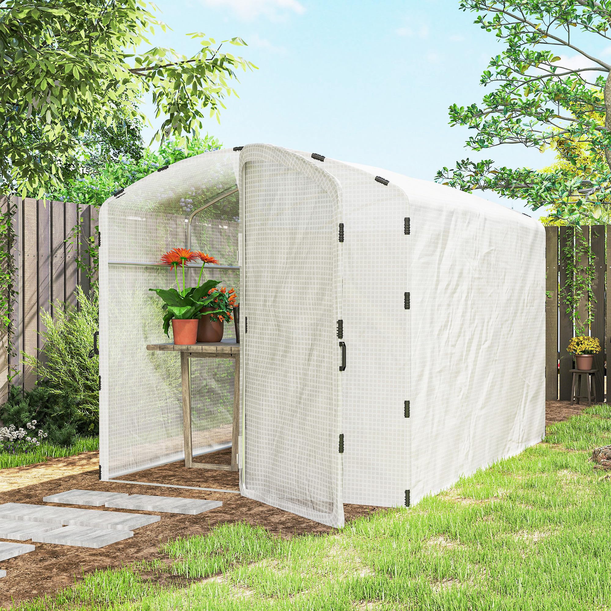 Outsunny Serre Tunnel de Jardin 6m² Serre de Jardin Tunnel bâche PE 220g/m² avec Porte Bords prolongés de 50 cm pour extérieur Toutes Saisons légumes Fruits Fleurs 300x200x195cm Blanc
