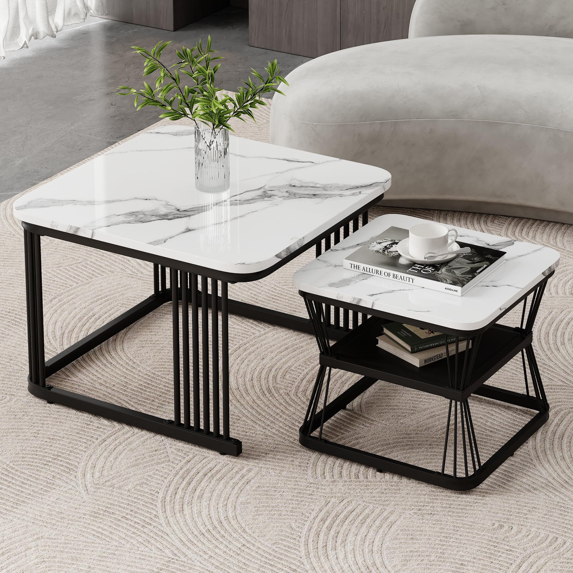 Merax Quadratisch Couchtisch 2er Set, Moderne Wohnzimmertisch mit Marmoroptik, Hochglänzend Satztisch mit Stauraum, für Wohnzimmer, Balkon und Büro, Metallgestell, Weiß und Schwarz