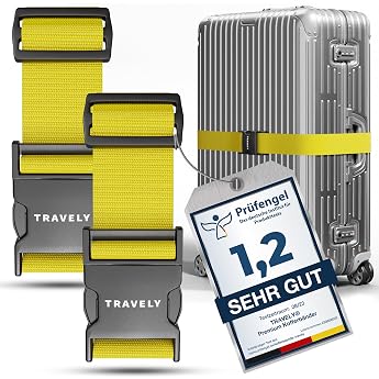 Travely  Premium suitcase strap - Particularly eye-catching & safe - incl. 2 name tags - luggage rack ideal over cross - [set of 2] - yellow