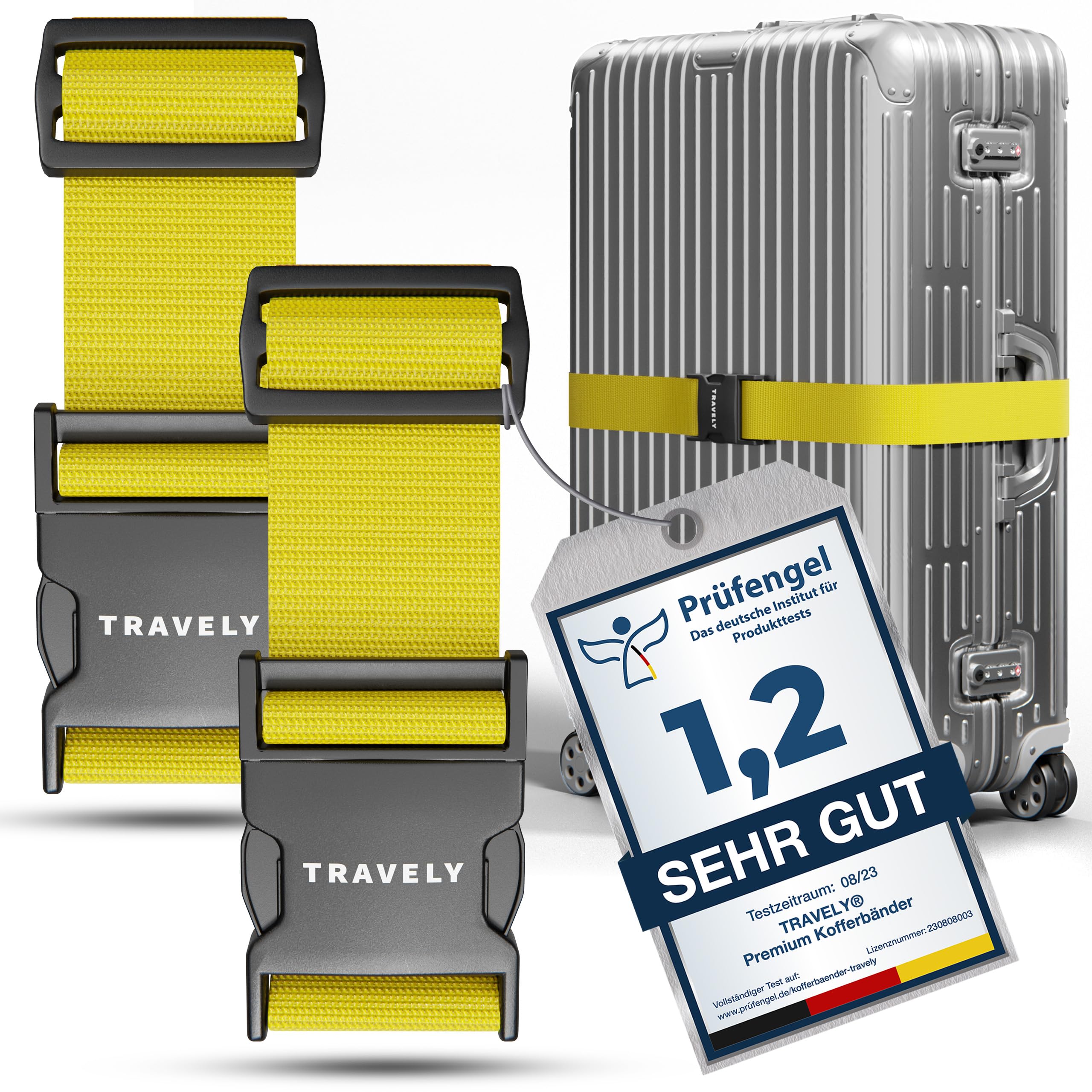 Travely® Premium Koffergurt - Besonders Auffällig & Sicher - Inkl. 2 Namensschildern - Gepäckband ideal über Kreuz - [2er Set] - Gelb