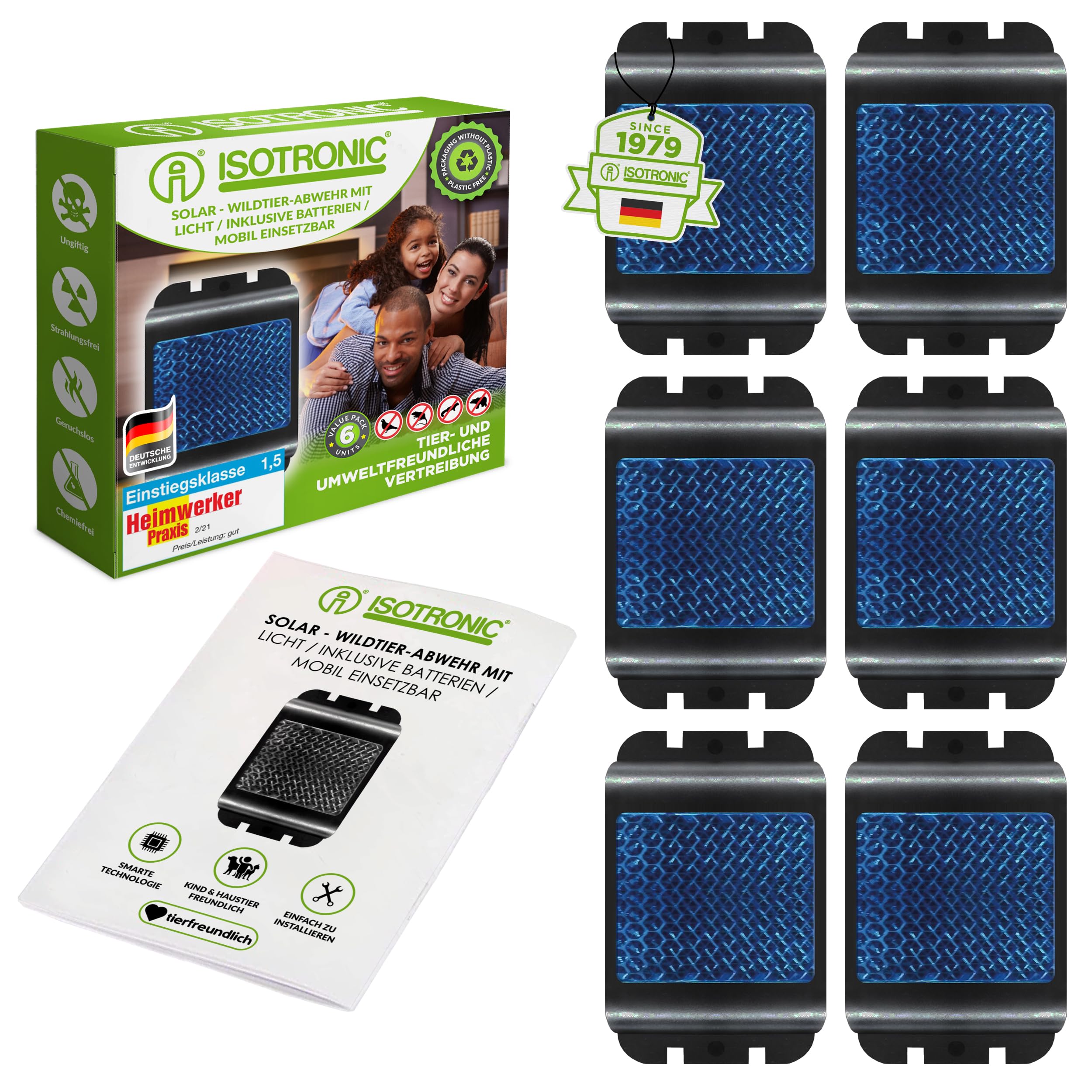 ISOTRONIC Tiervertreiber zur Abwehr von Waschbären, Rehen, Füchsen & Wildschweinen – Wildtier Vertreiber mit blauem LED-Licht – effektive Tierabwehr mit 40m² Wirkungsbereich (6 Stück)