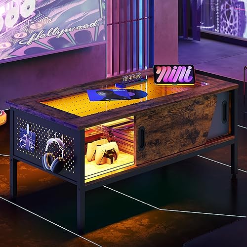 Miniatura 8 de Bestier Mesa de centro LED con almacenamiento de vidrio para sala de estar con puertas correderas, mesa central de sala de estar marrón rústico de