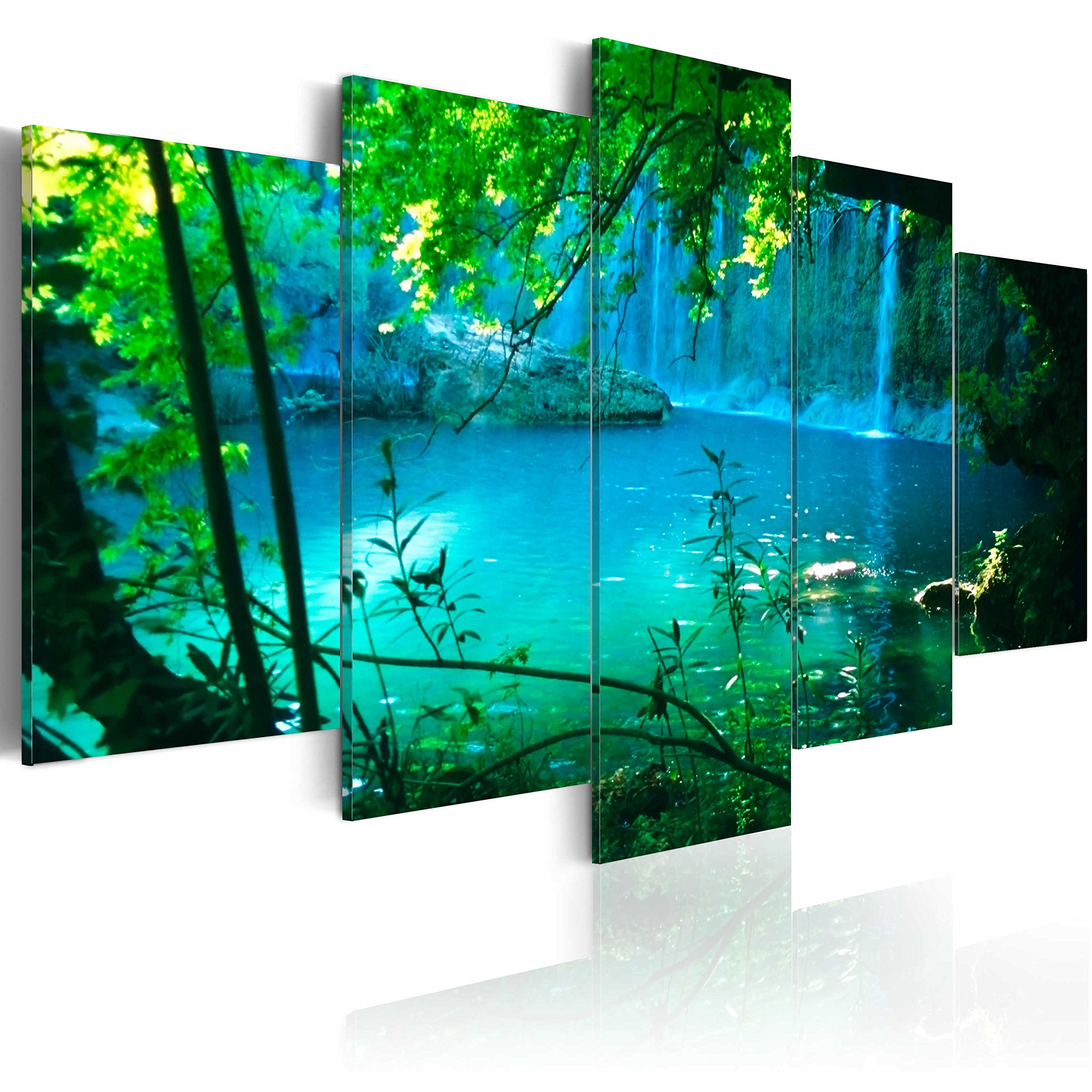 Cuadros B&D XXL - Cuadro en Lienzo Cascada Paisaje 150x75 cm 5 piezas - Impresión en material tejido no tejido cuadros decoracion salon modernos lienzos - Lago Bosque Naturaleza c-A-0002-b-n