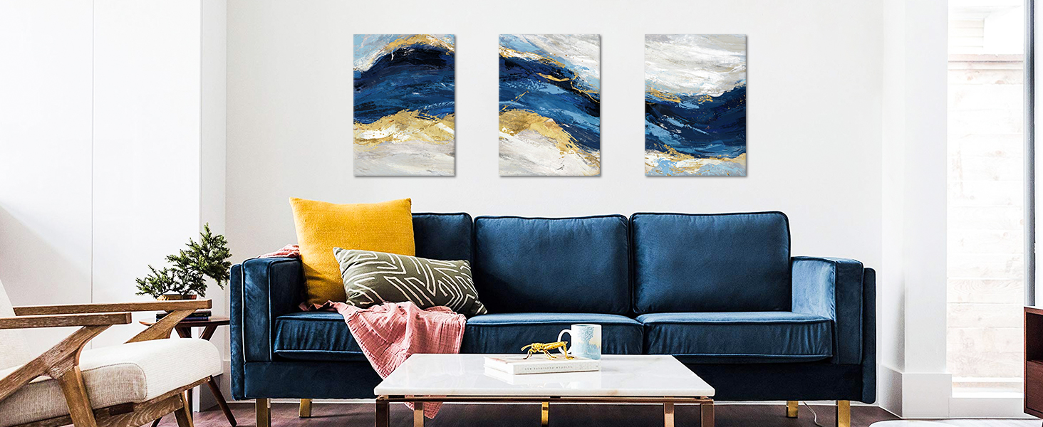 Cadre Art mural abstrait géométrique or orange bleu marine jaune noir peinture acrylique sur toile très grande art mural art surdimensionné - Canada