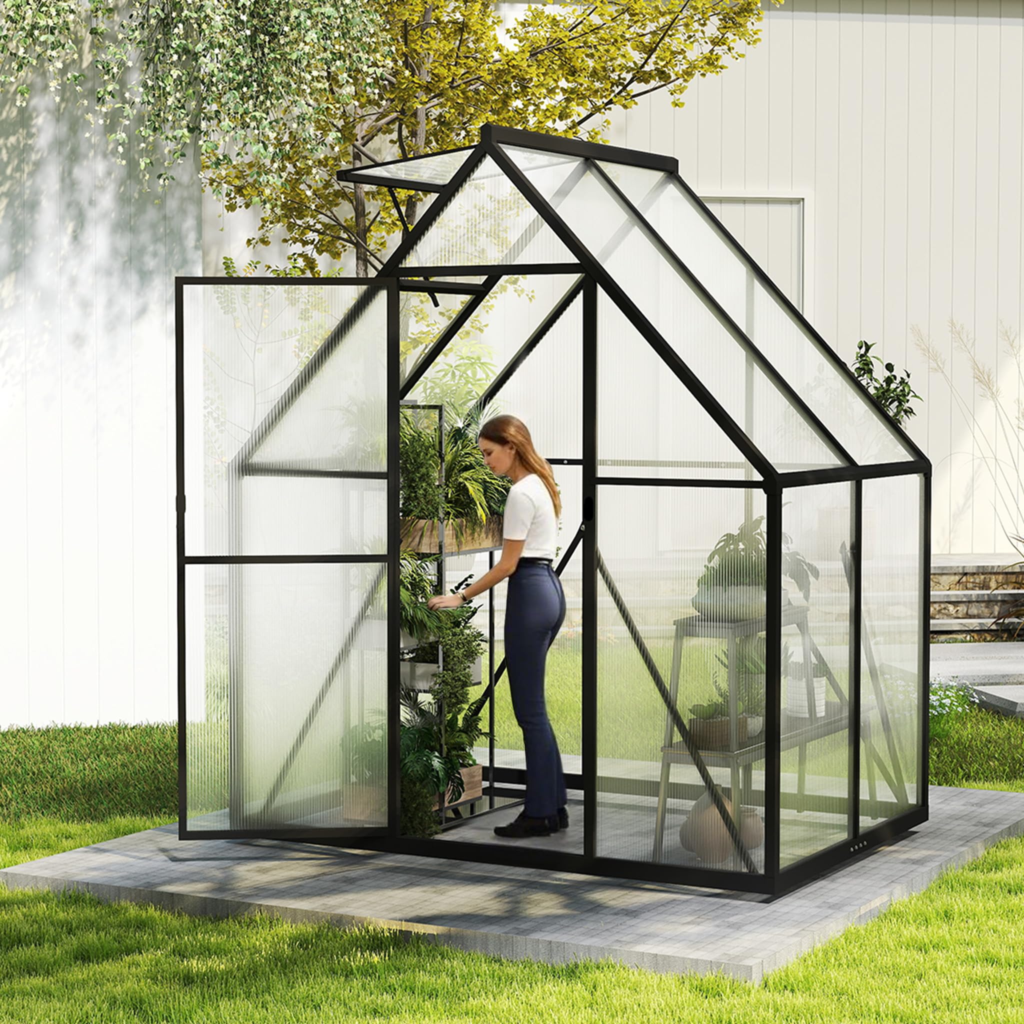 Gewächshaus Aluminium, Treibhaus mit Transparent PC Platten Dachfenster & Tür & Fundament, 125x180x195cm Winterfest Gartengewächshäuser, Begehbares Pflanzenhaus für Garten Outdoor