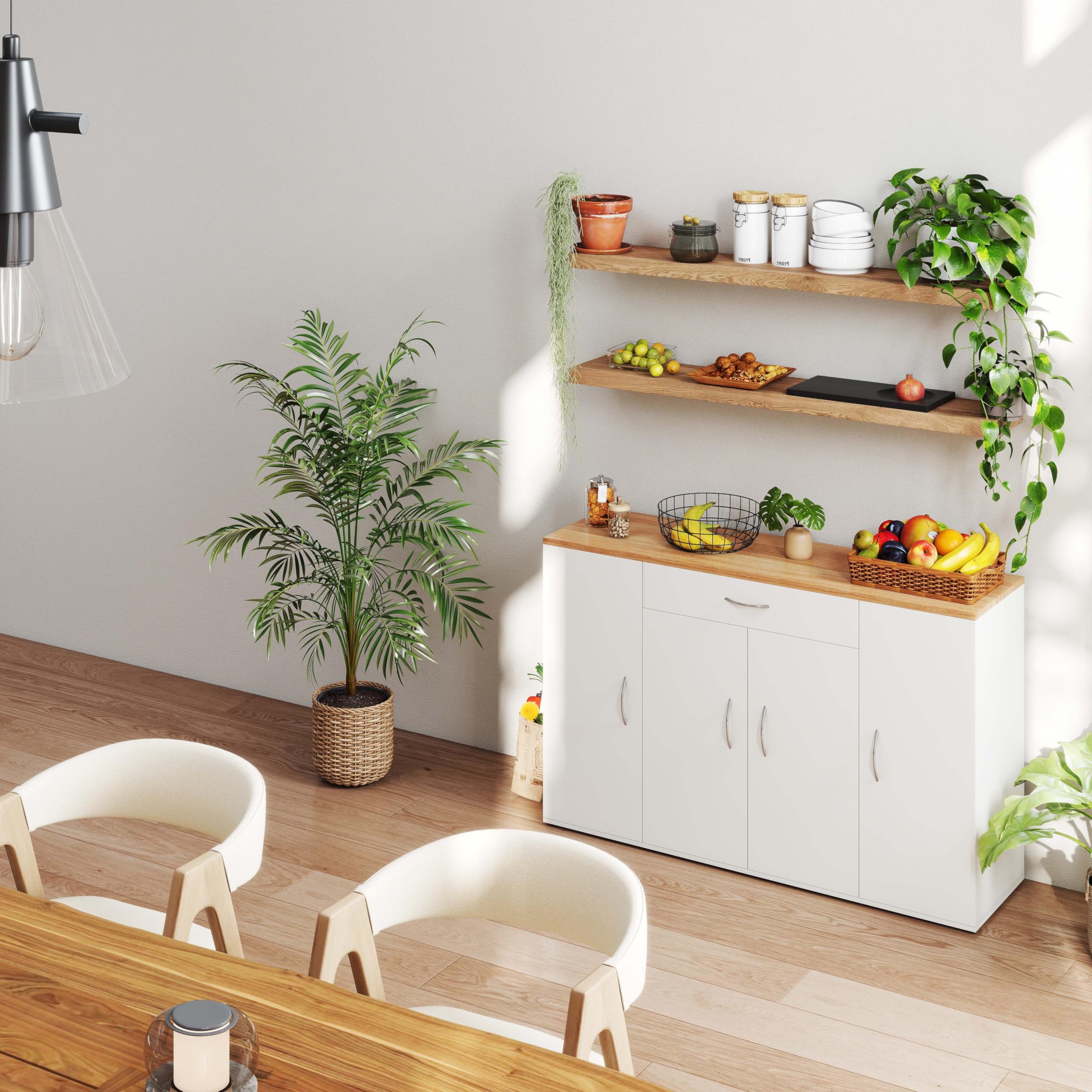 Credenza Cucina Bianca con Piano di Lavoro 110 x 30 x 70 cm Mobile Cucina Salvaspazio con Cassetto e 4 Ante Dispensa Cucina Madia Soggiorno Sala da Pranzo Moderna