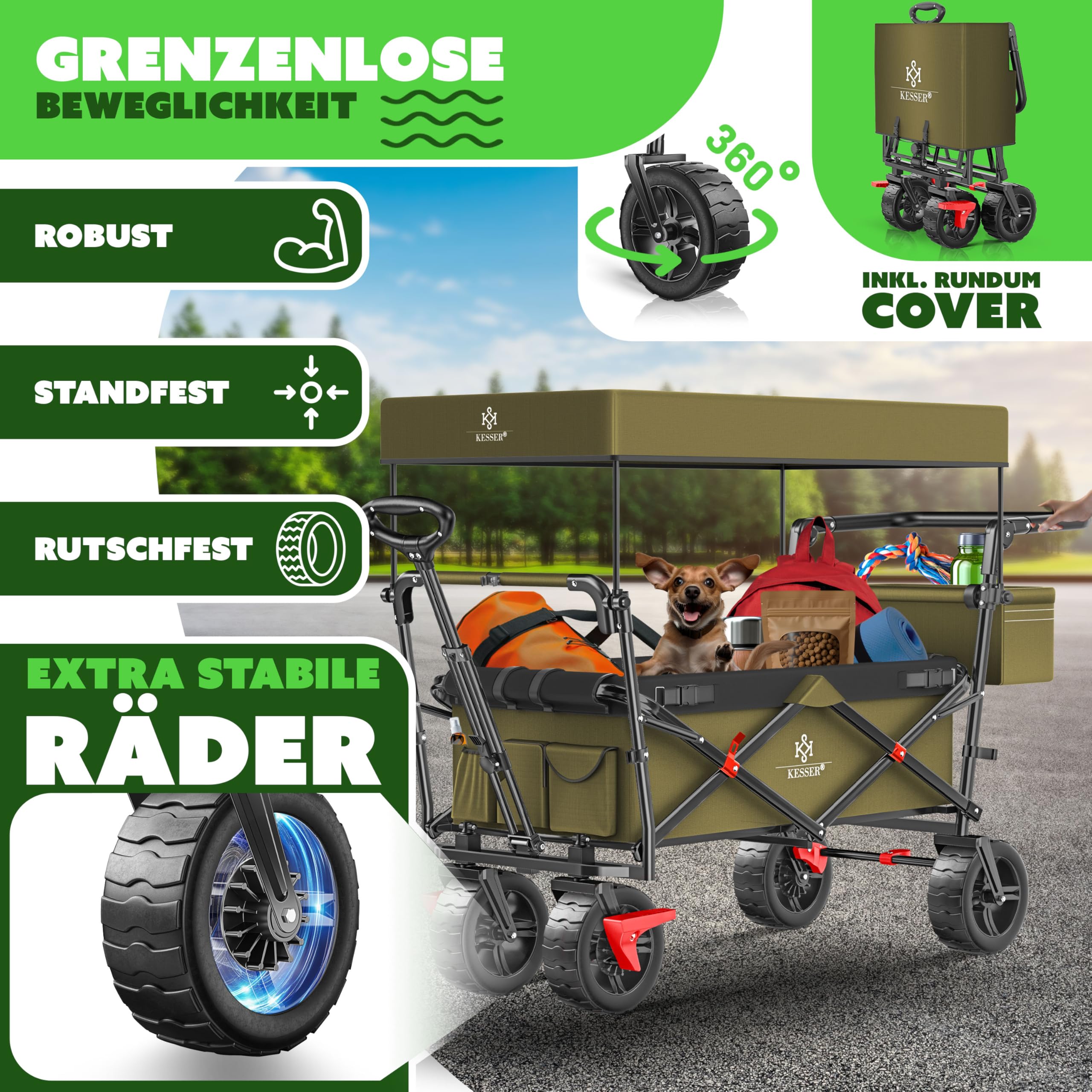 KESSER® Chariot de Transport GT9000 Pliable avec Toit | Charrette à Bras | Chariot de Transport | 2 systèmes de Ceinture à 3 Points fournis Pliable | capacité de Charge de 80 kg Maximum