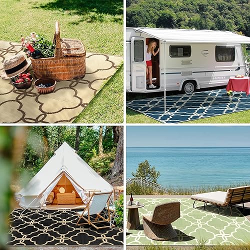 Miniatura 8 de Ashler - Alfombra de paja de plástico para exteriores, 5 x 8 pulgadas, reversible, color azul, diseño moderno con flores para caravana, patio