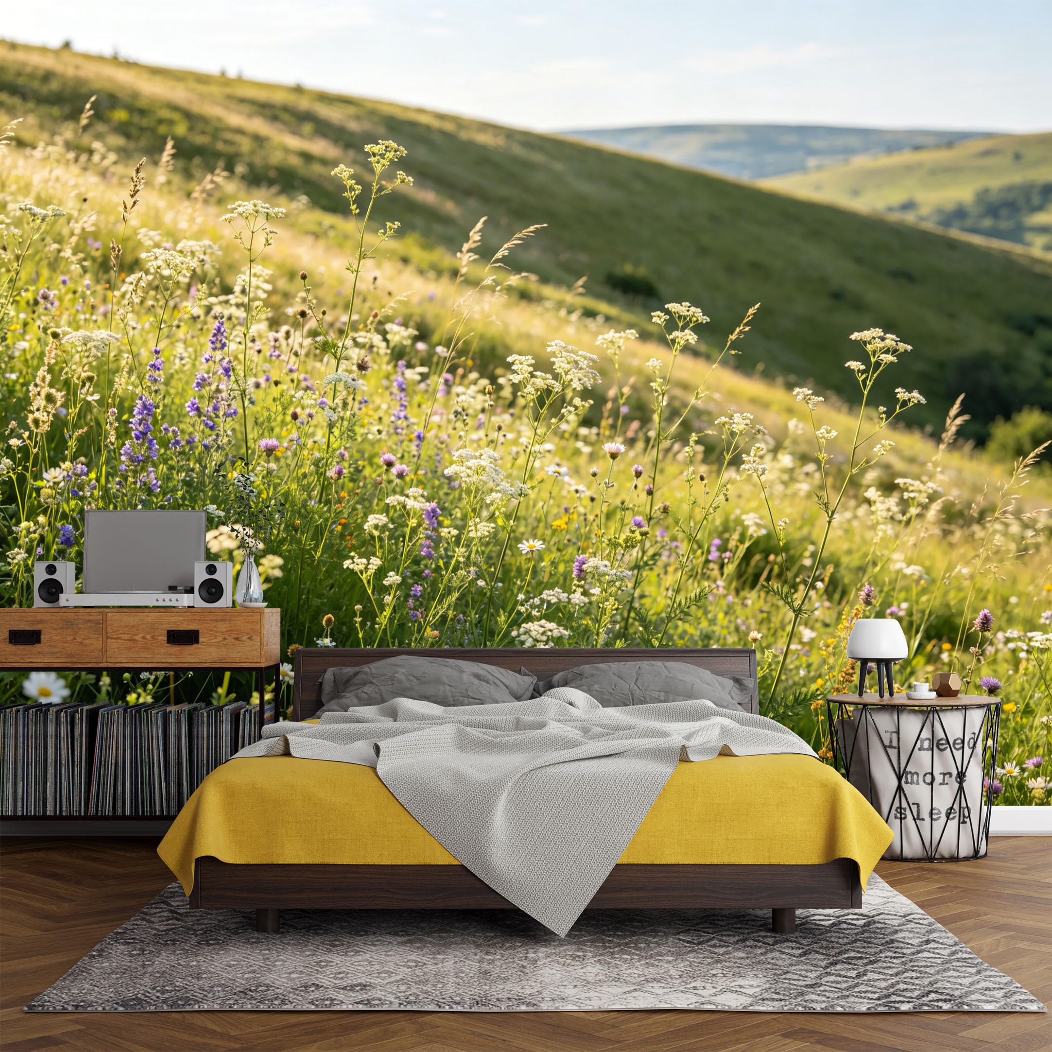 Custom Size Wall Mural， Botanical Meadow Wildflowers Hills Landscape Nature Bloom，SelfAdhesive Art Prints wall Fabric (No PVC) Removable Wallpaper Living Room Decor