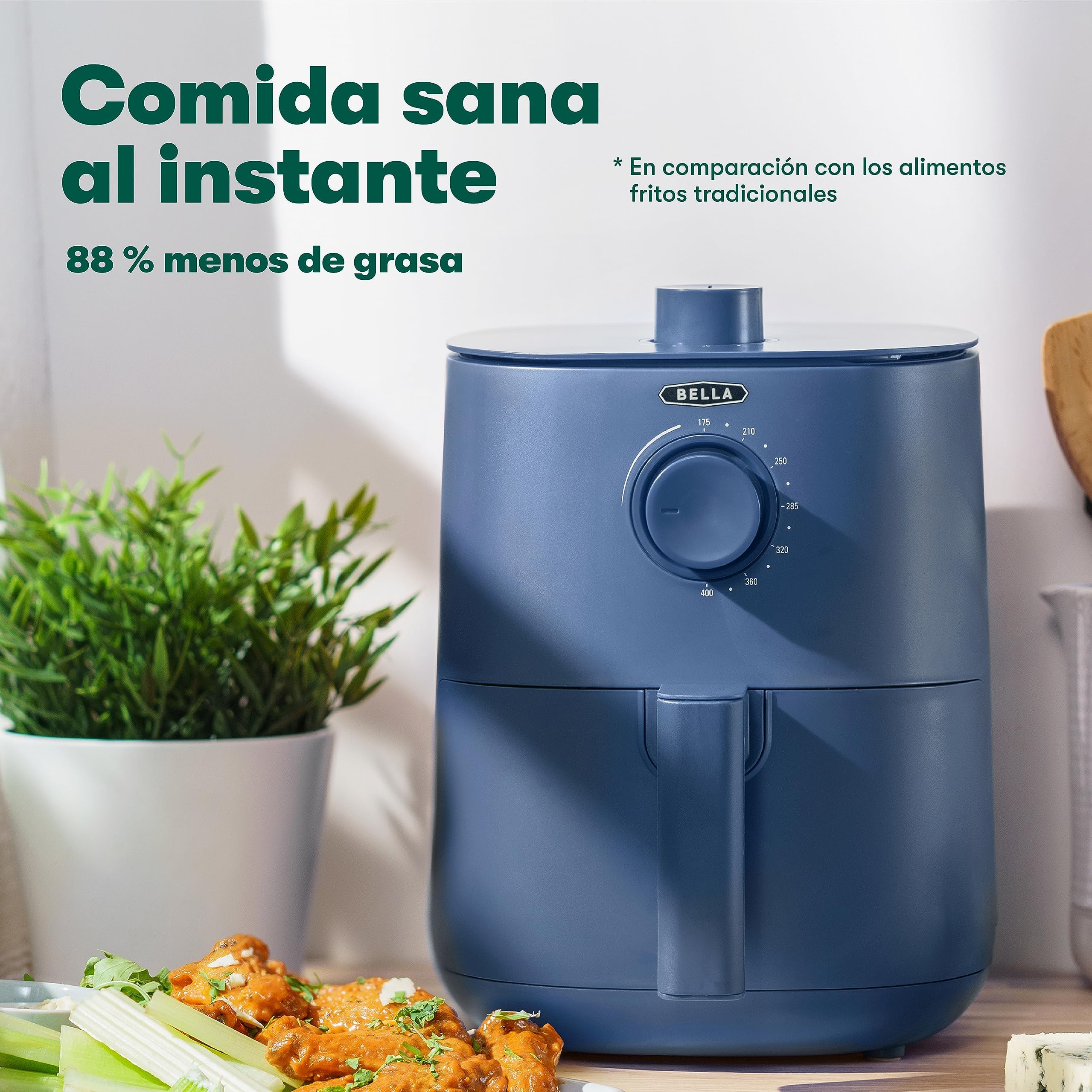 bella Freidora de Aire de 3 L, Sin Precalentamiento, Sin Aceite, Sartén Antiadherente y Bandeja para Elementos Crujientes Aptas para Lavavajillas para Facilitar la Limpieza, Color Azul Mate