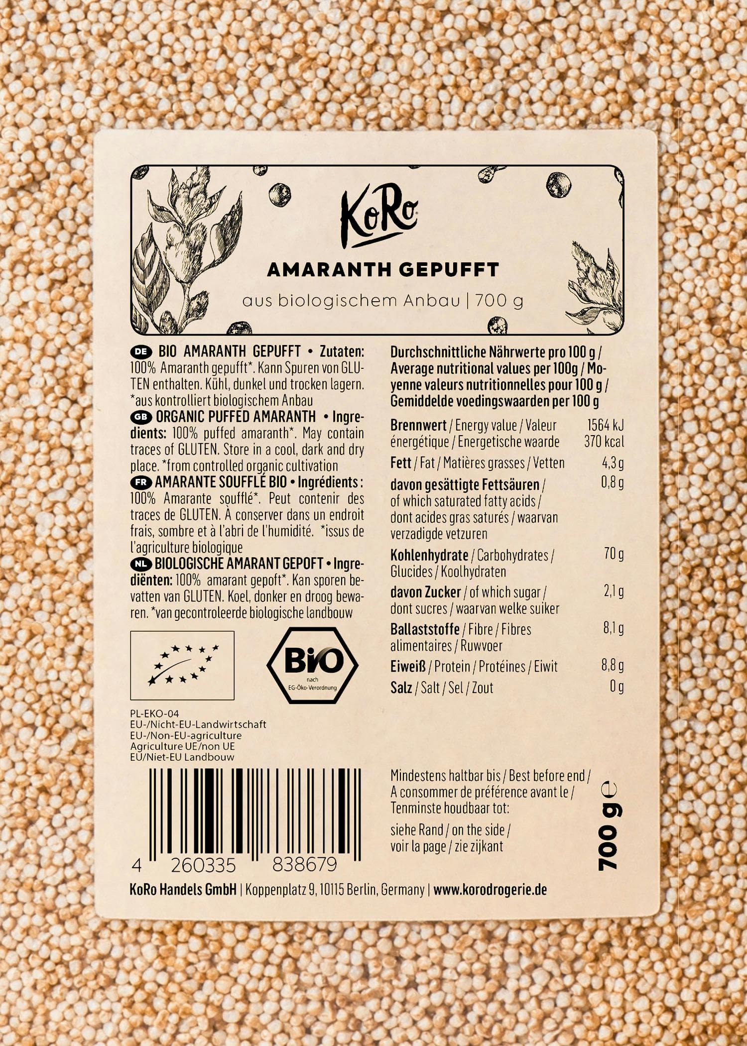 KoRo - Gepuffter Bio Amaranth 6 x 700 g - Gepuffte Körner - Abwechslungsreiche Beilage - Lecker in Salat, Müsli, Porridge - Hoher Ballaststoffgehalt