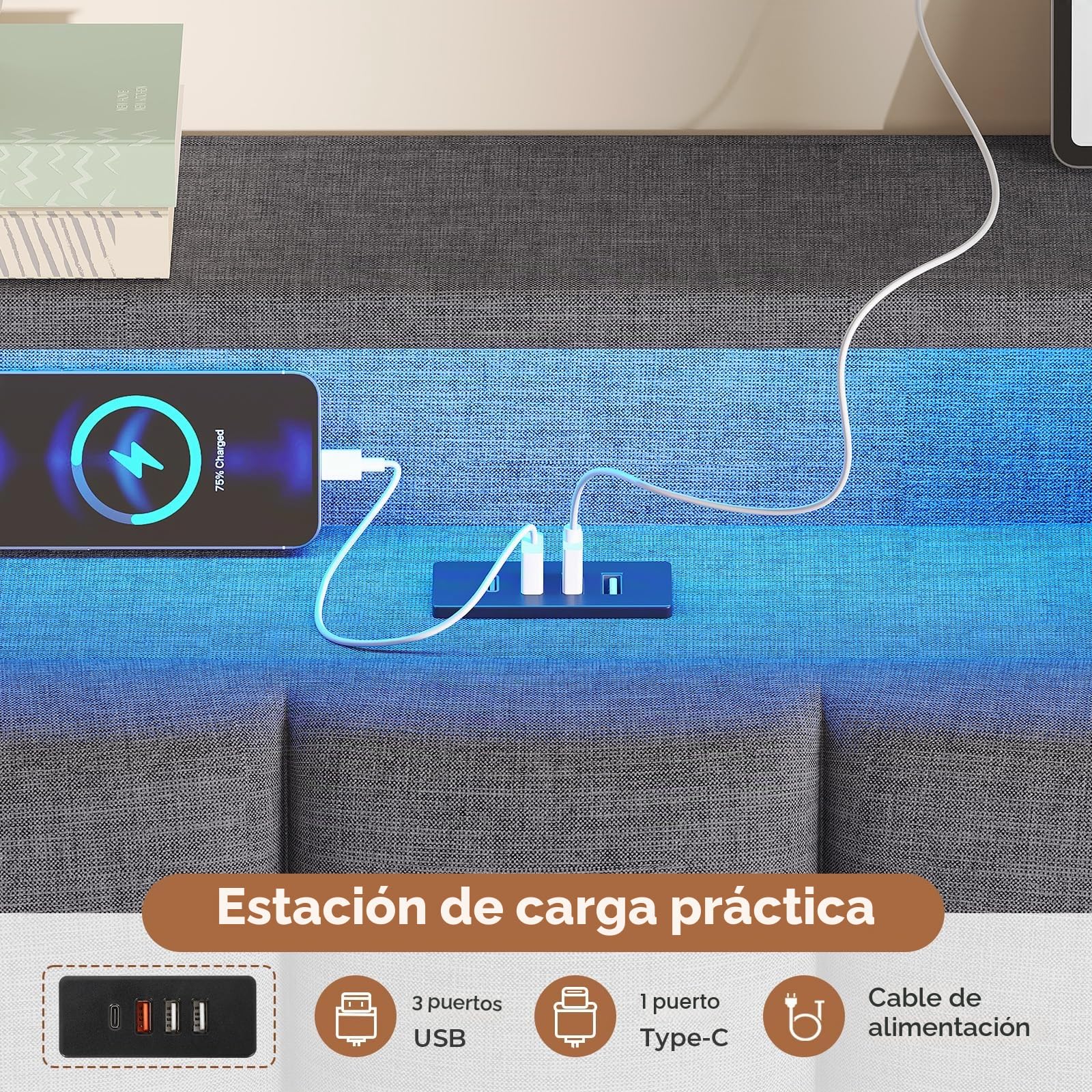 AOGLLATI Cama Matrimonio 140 x 200 cm con LED y Estación de Carga, Estructura Cama con Efecto Visual Levitante, Cama Tapizada con Cabecero y Espacio de Almacenamiento, Metal y Madera, Gris Oscuro