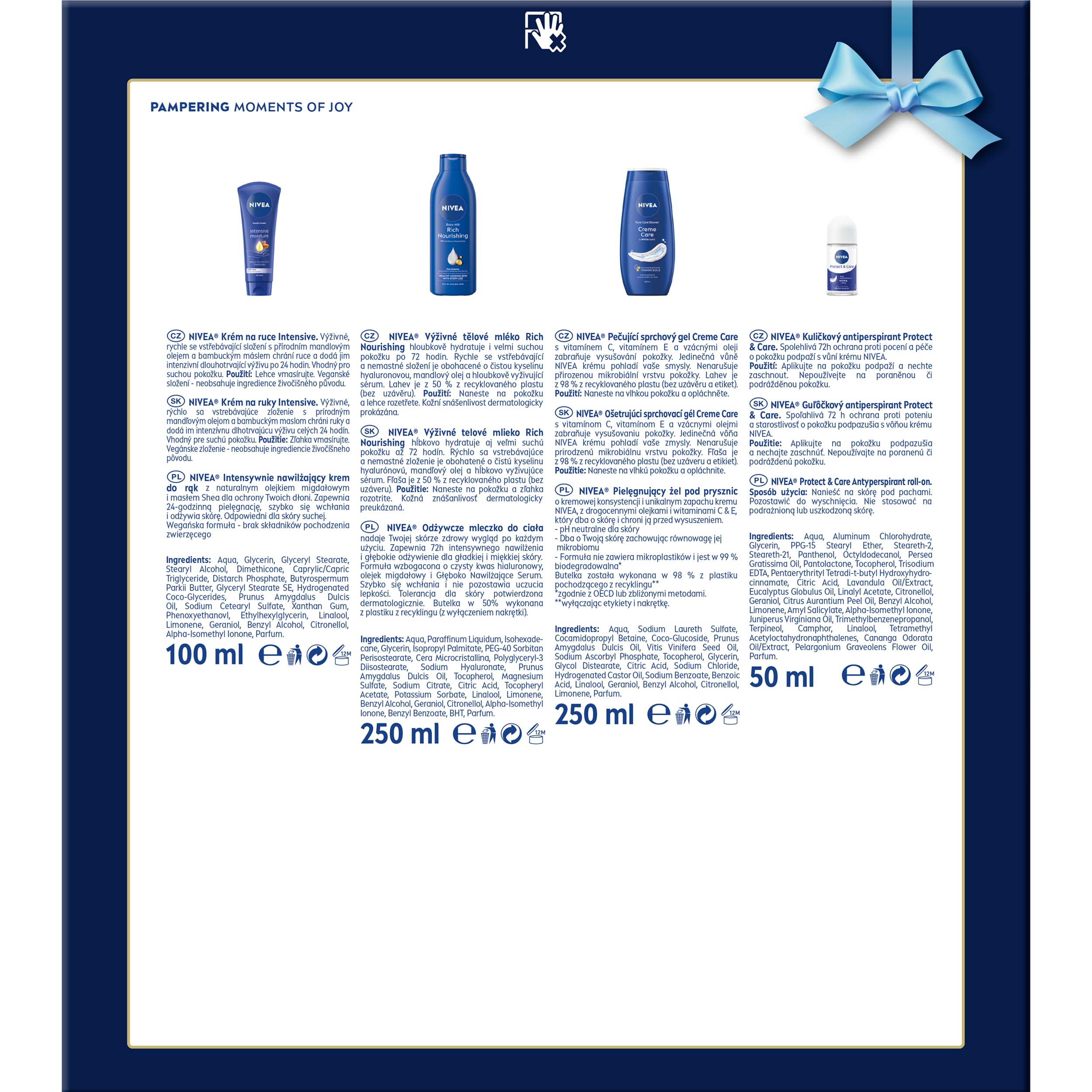 NIVEA Pampering Świąteczny prezent - Zestaw kosmetyków dla kobiet do ciała: krem do rąk, balsam nawilżający, żel pod prysznic Creme Care i anyperspirant roll on