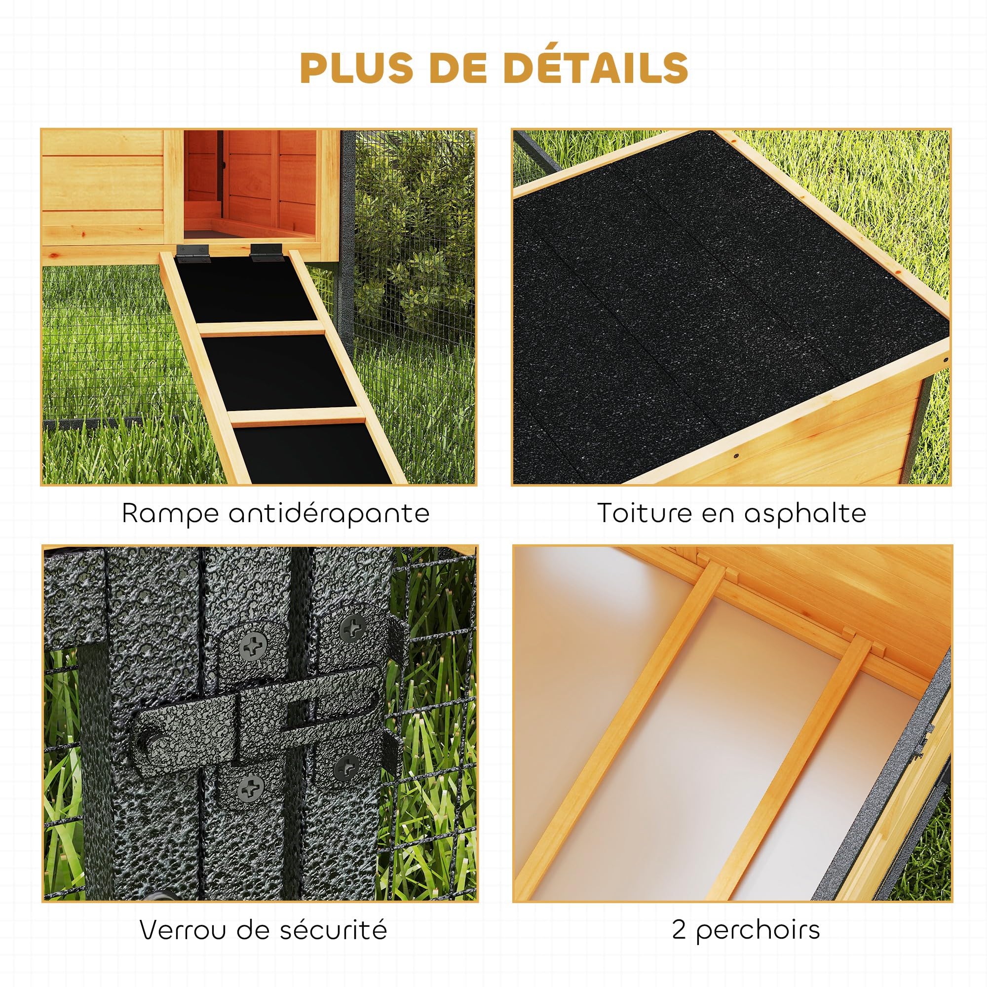 PawHut Poulailler XXL Bois 3-5 Poules Grand Enclos 192x81,5x104cm Orange