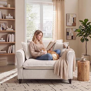 ERYE 46.9" Chenille Upholstered Accent Chair Wide Seat for Living Room Bedroom, Modern Reading Sofa Chair Comfy Cushion Armchair W/Pillows & Wood Legs for Home Apartment Office