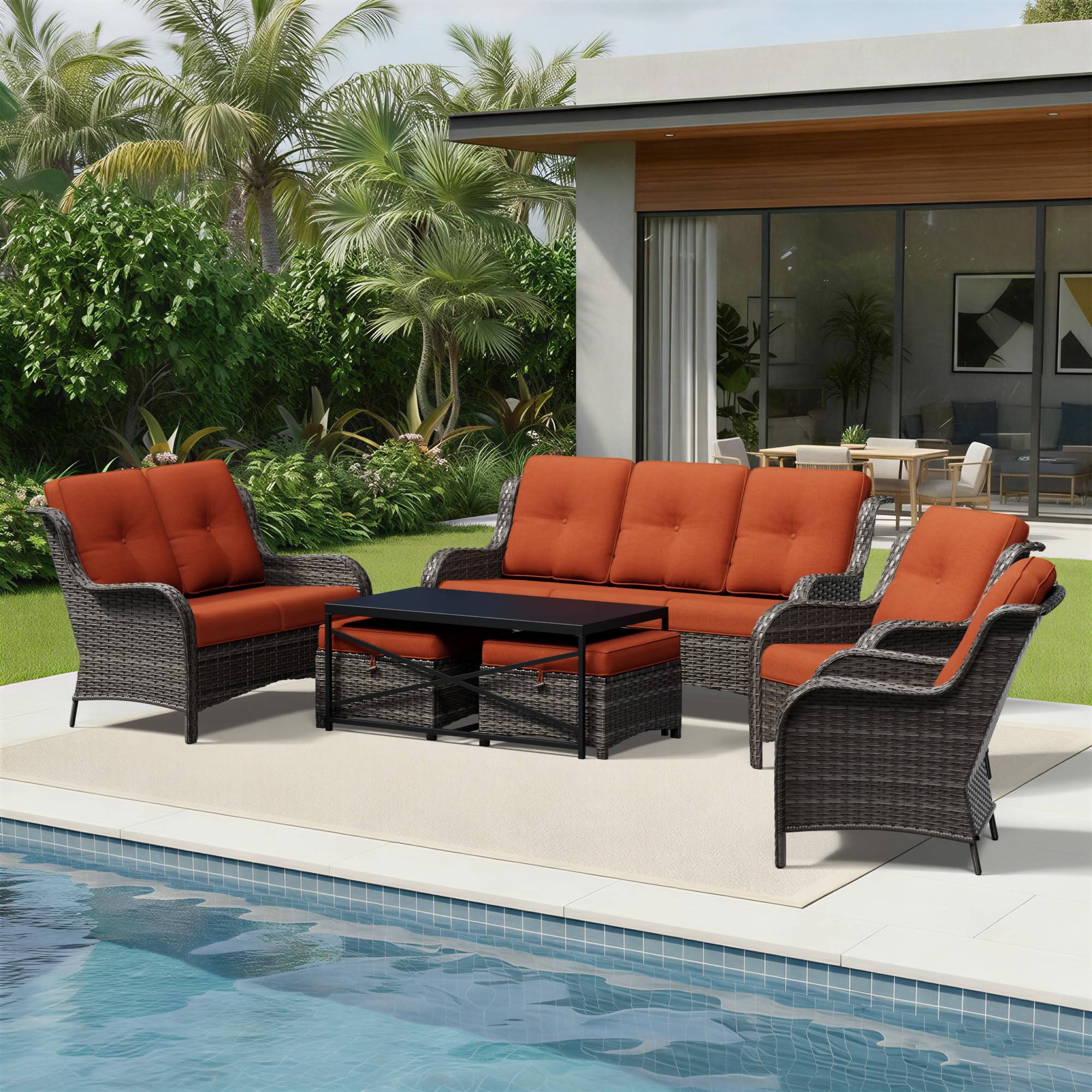 Joyside 7 Piece Wicker Patio Furniture Set, Rattan Patio Chairs with High Back, Deep Seating, Wide Armrest, Thickened Cushions, Outdoor Furniture for Deck, Porch Use