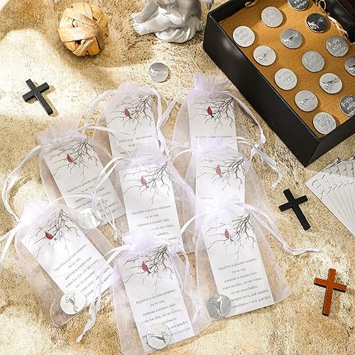 Miniatura 4 de El juego de monedas de signo de ángel conmemorativo cardenal incluye ficha de bolsillo cardenal funeral, tarjetas de poema y bolsas de organza