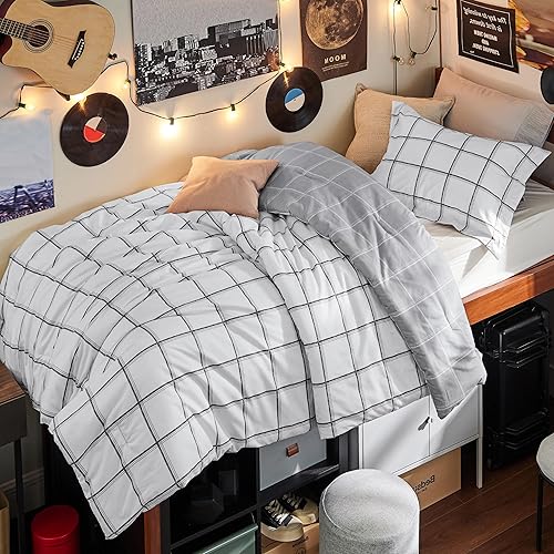 Bedsure Twin Extra Long Comforter Set Dorm Bedding - Twin/Twin XL Plaid Comforter Set, Reversible White Grid Bedding Set, 2 Pieces, includes 1 Comforter (68"x92") and 1 Pillow Sham (20"x26"+2")
