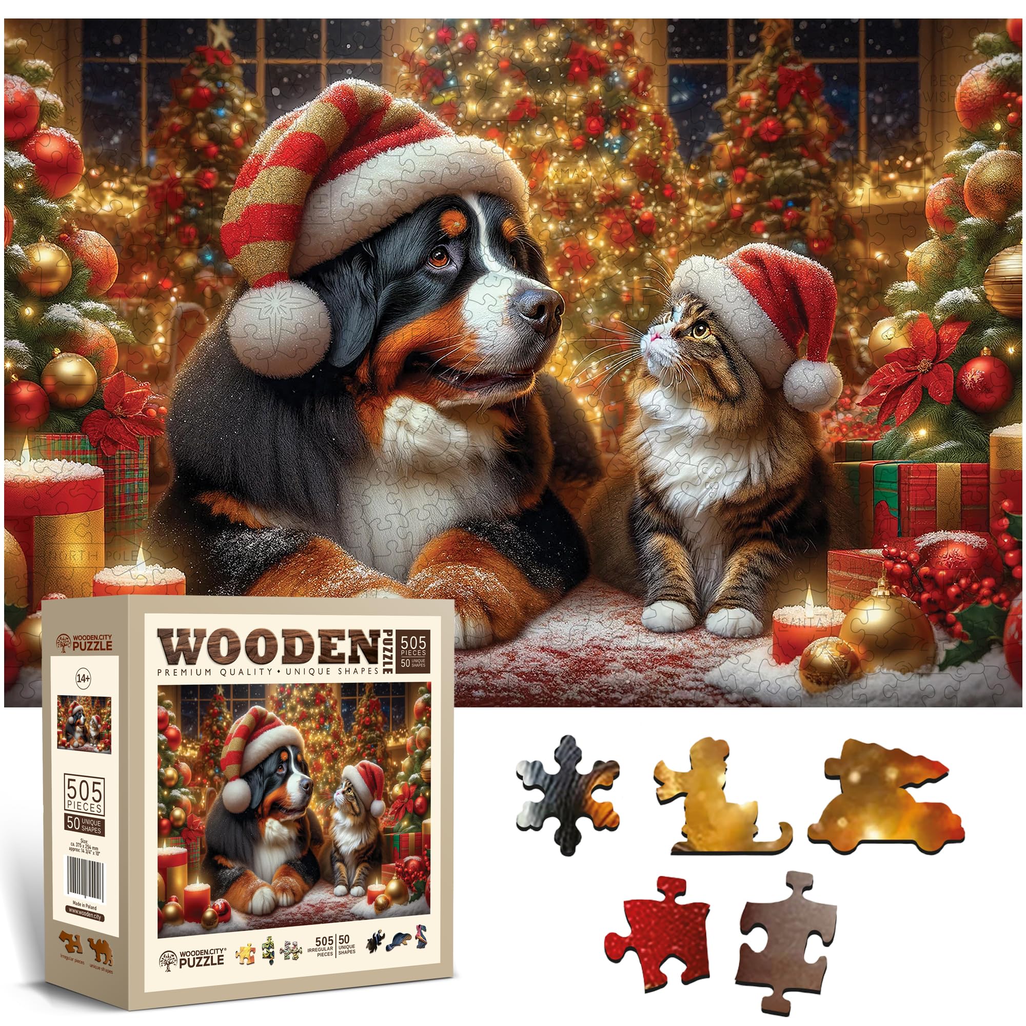 WOODEN.CITY 500 Piece Wooden Christmas Jigsaw Puzzle  Festive Holiday Scene with 50 Unique Figurine Pieces, Premium Laser-Cut Wood, Seasonal Dcor (Christmas Dog & Cat)