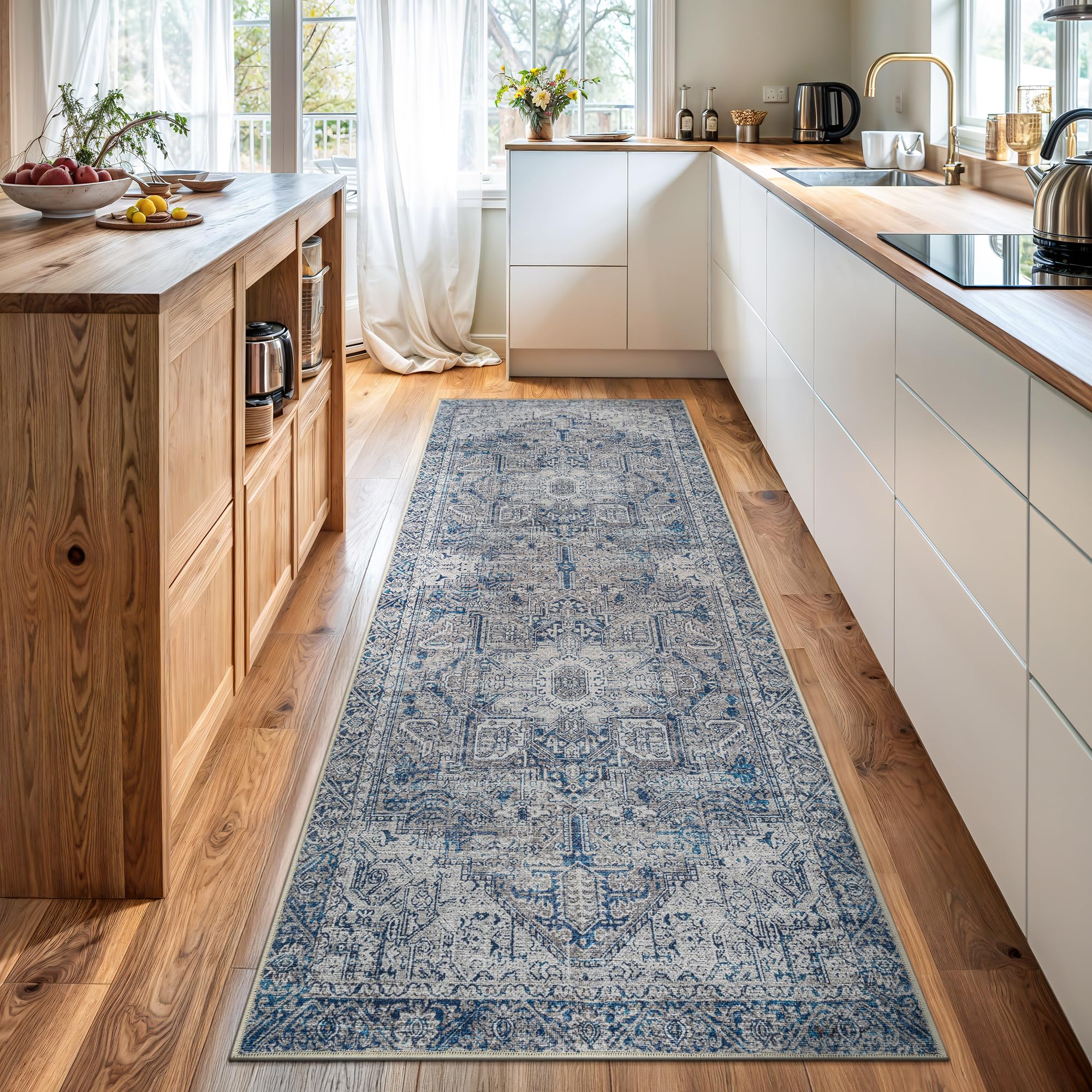 Bloom Rugs Washable Non-Slip 12 ft Runner - Blue/Gray Traditional Runner for Entryway, Hallway, Bathroom, and Kitchen - Exact Size: 2.5' x 12'
