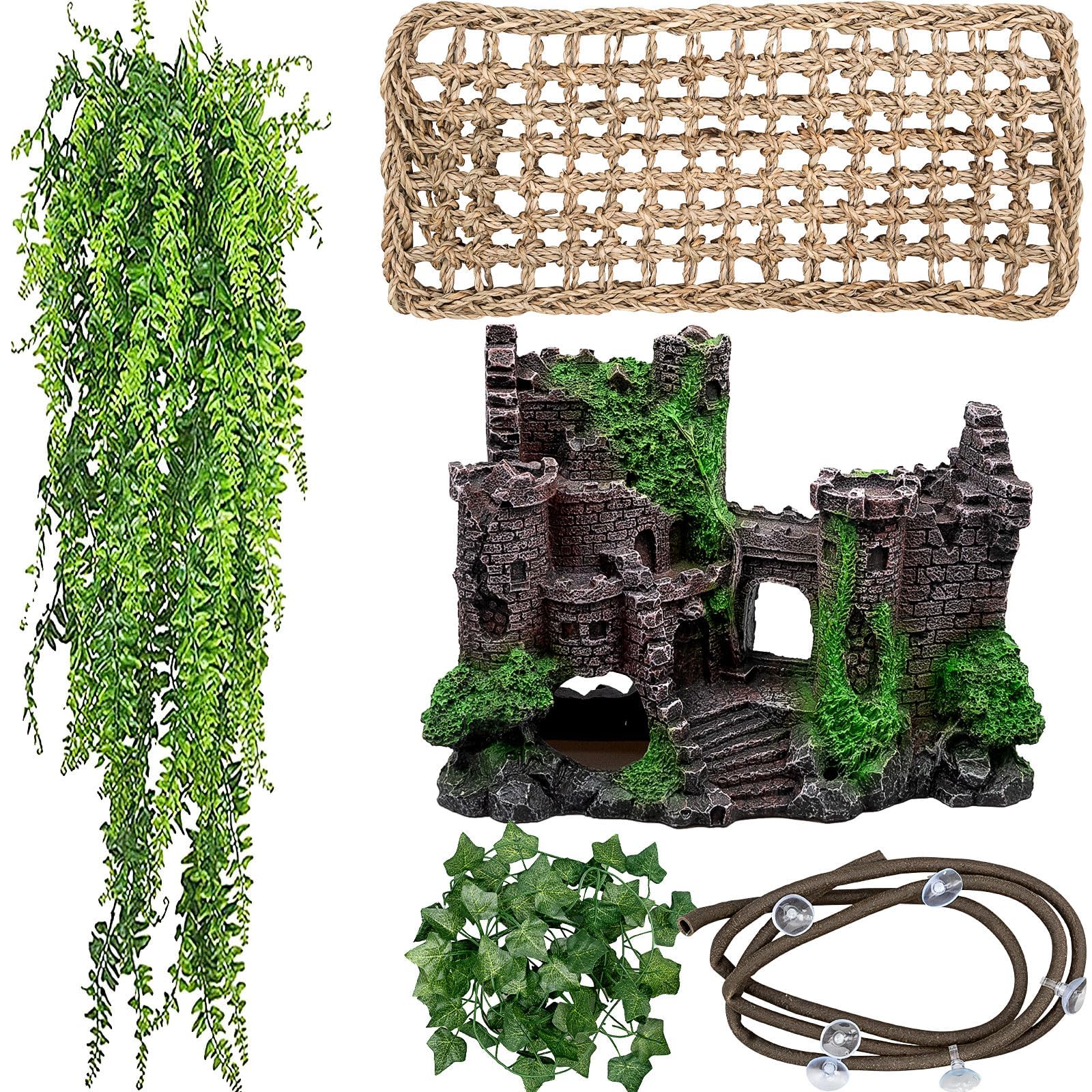 Accessori a forma di drago barbuto, confezione da 5 pezzi, decorazione per rettili, amaca, castello in resina, rampicanti e foglie della giungla, con ventose, decorazione per vivarium per gechi