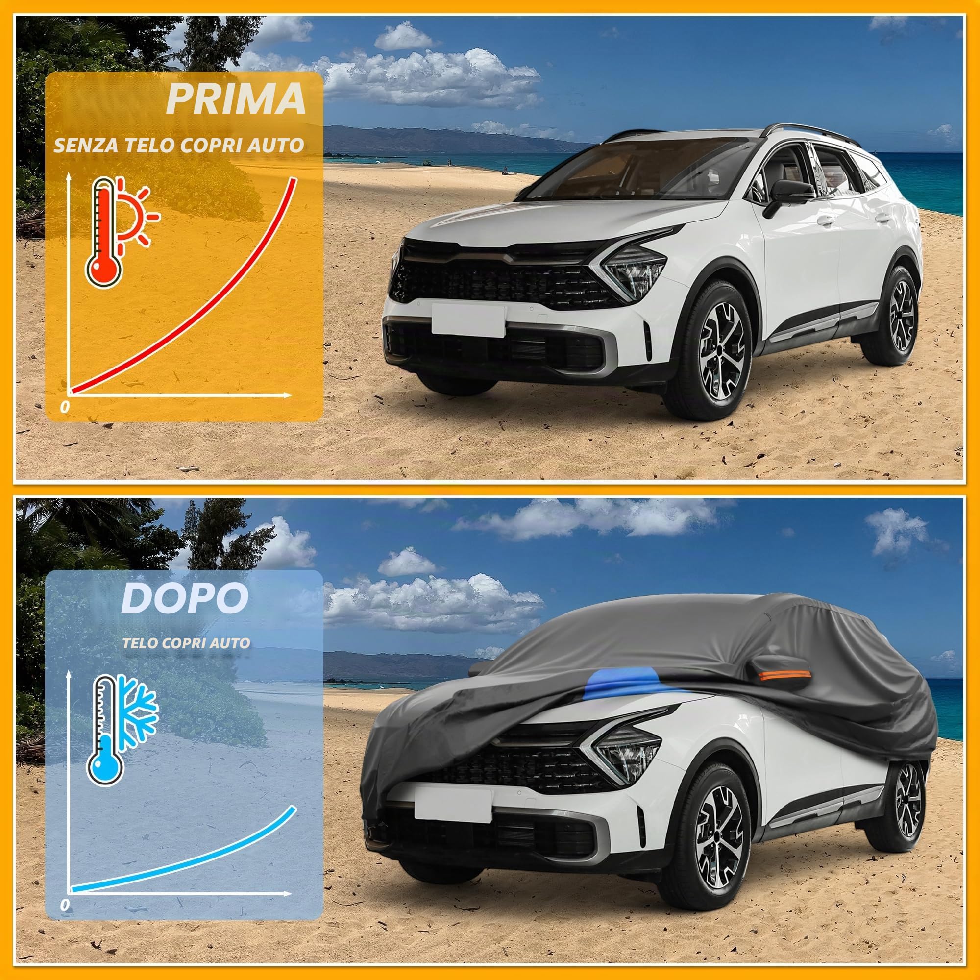 Copertura Esterna Anti-UV Pioggia Per Kia Sportage 10-24 1pc | Nero, Blu, 210D Oxford Cloth, 475x186x150cm, Anti-UV, Protezione Completa, Strisce Riflettenti, Esterna
