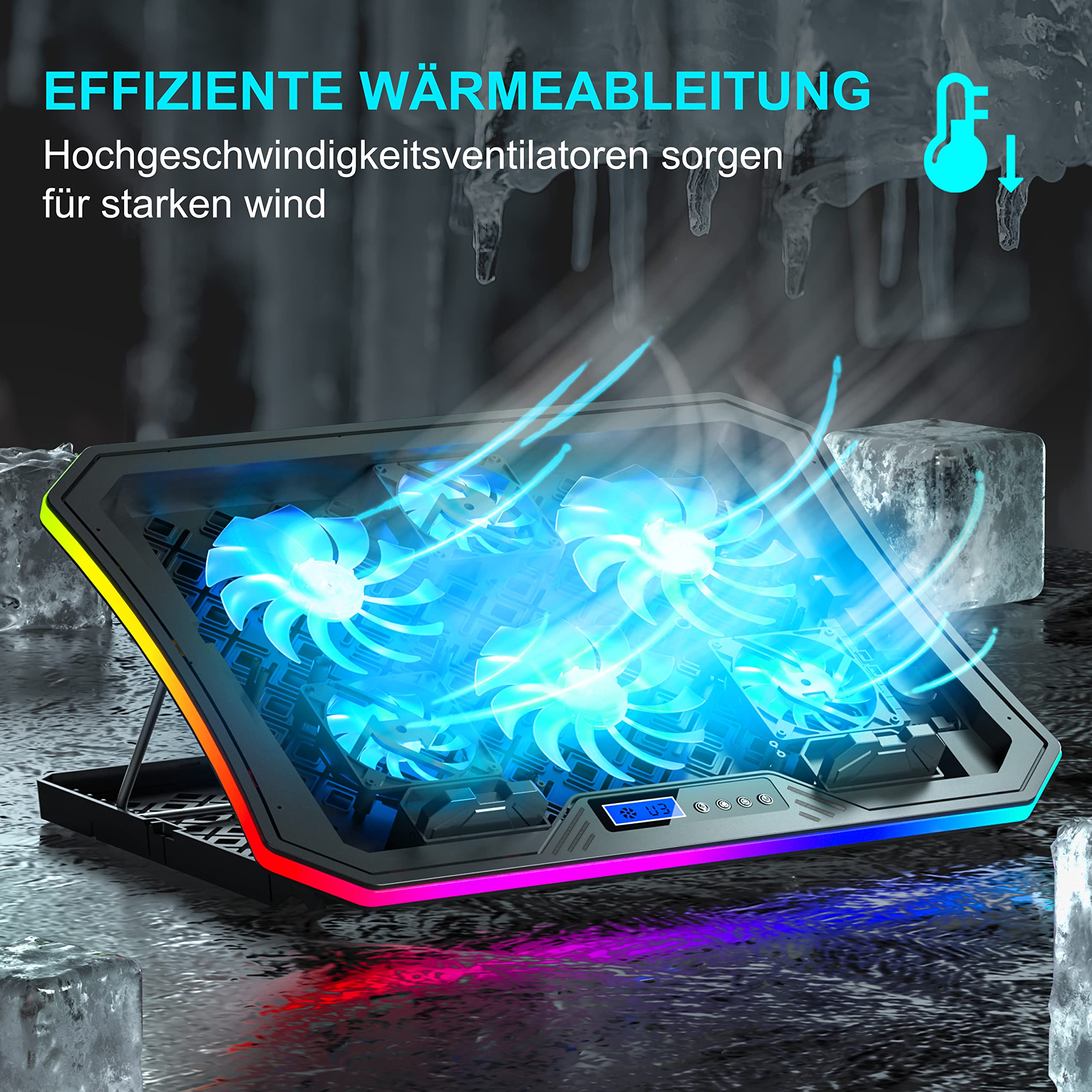 TopMate C12 Laptop Kühler RGB Gaming Notebook Kühlpads für Schreibtisch und Schoß, Laptop Lüfter Ständer 8 Höhenverstellbar mit 6 Leisen Lüfter+Handyständer, für 15,6-17 Zoll -EisBlau LED Licht
