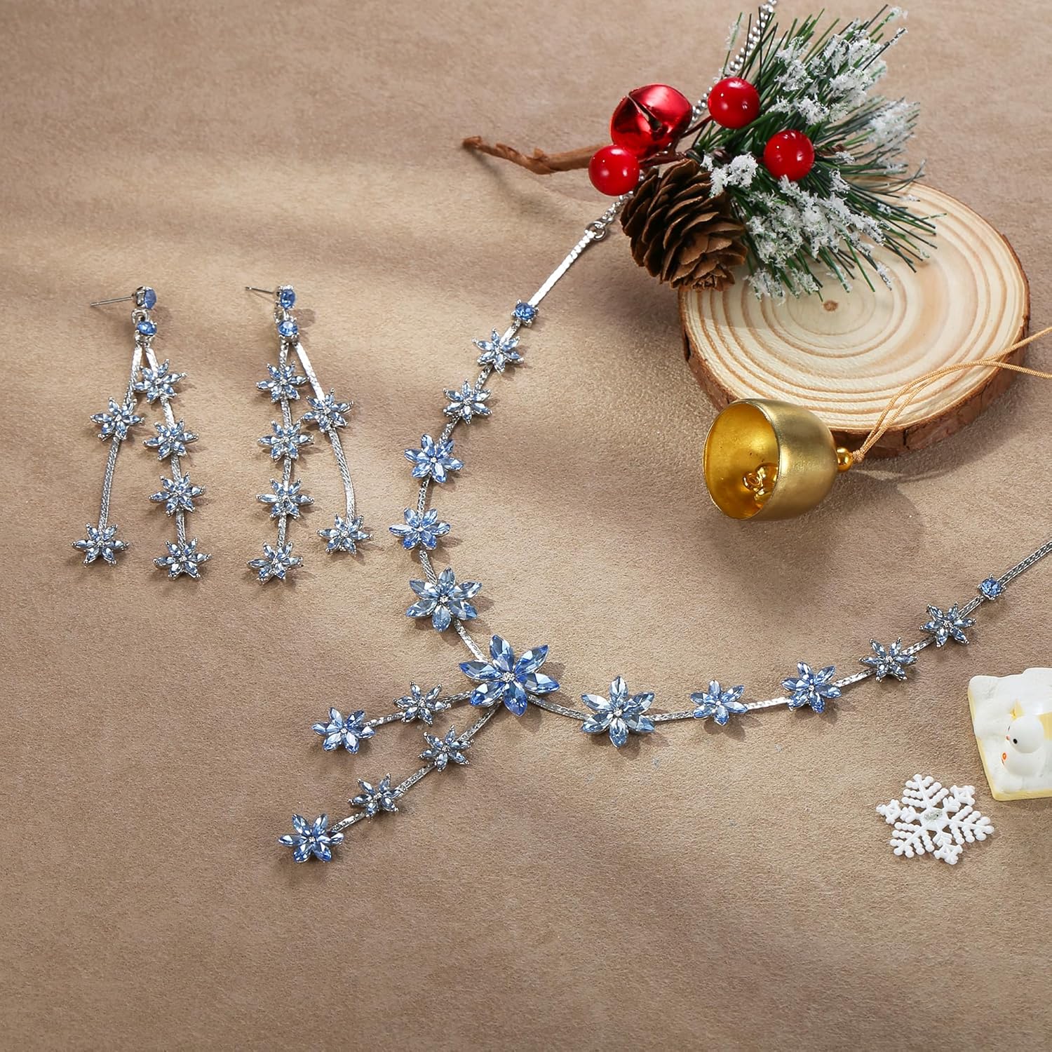 Crysdue Flower Jewelry Set for Women Bridal Bridesmaid, Sparkling Marquise Rhinestone Crystal Cluster Y-Necklace Drop Snowflake Dangle Earrings Set for Wedding Prom Party Cocktail - Image 4