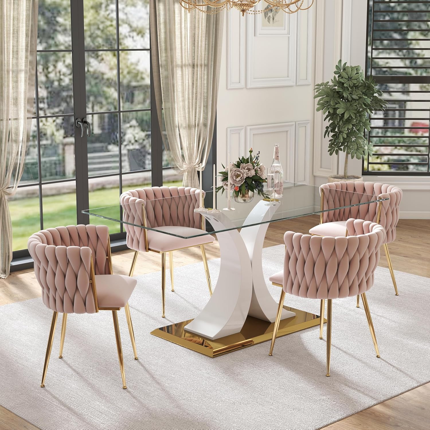 7 Pieces Modern Luxury Glass Dining Set, Large Minimalist Rectangle Dinner Set for 6, 63'' Clear Glass Top Kitchen Table Set with Black & Silver Base, Ivory Dining Chairs, for Apartment