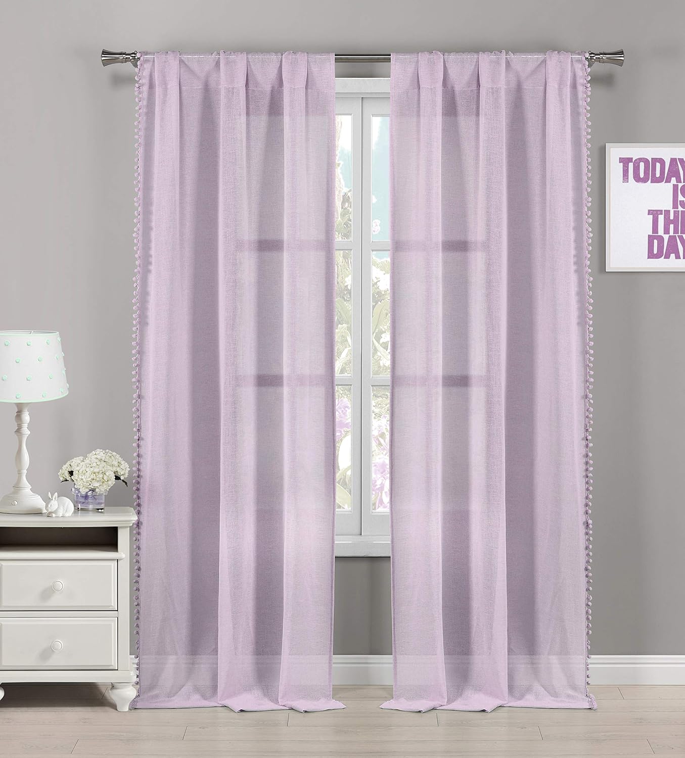 Lala + Bash - Addyson PomPom Trim Pole Top Window Curtains for Living Room & Bedroom - Assorted Colors - Set of 2 Panels (38 X 84 Inch - White)