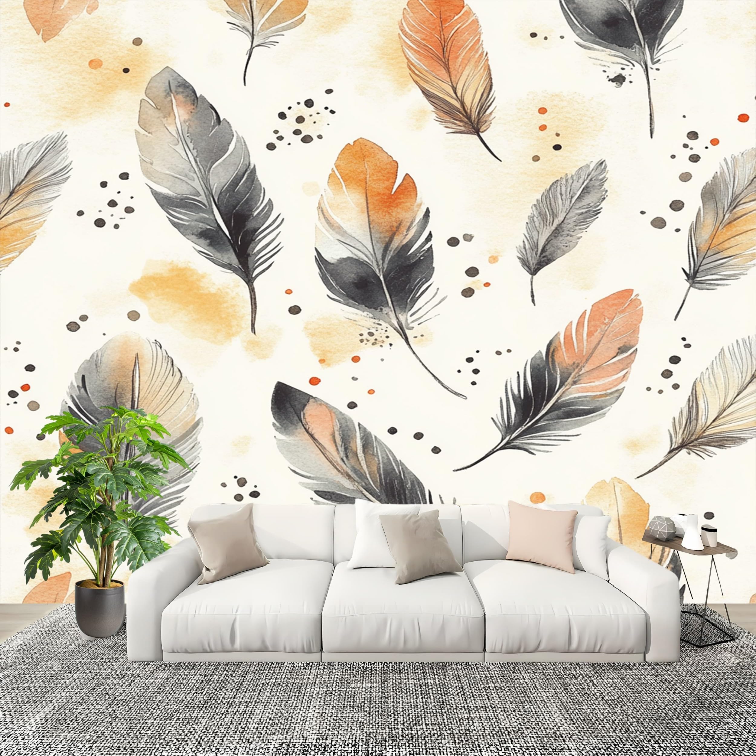 Papier peint intissé imperméable 400x280 cm lavable et facile à nettoyer motif plumes beige