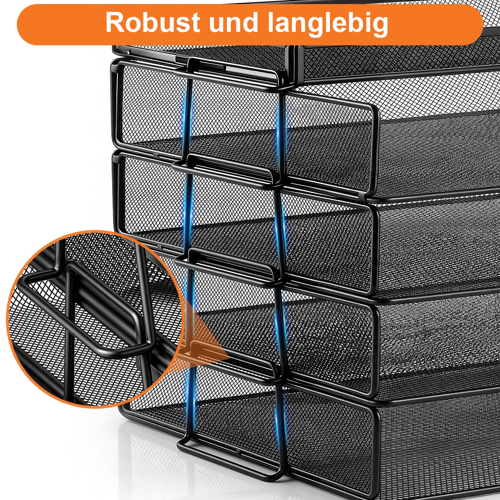 Briefablage a4 stapelbar, Schreibtisch Organizer mit 4 fächern und stiftehalter, Organizer büro aus Metall, formstabil & wackelfrei,ideal für Ordner, Briefe und Dokumente (schwarz)